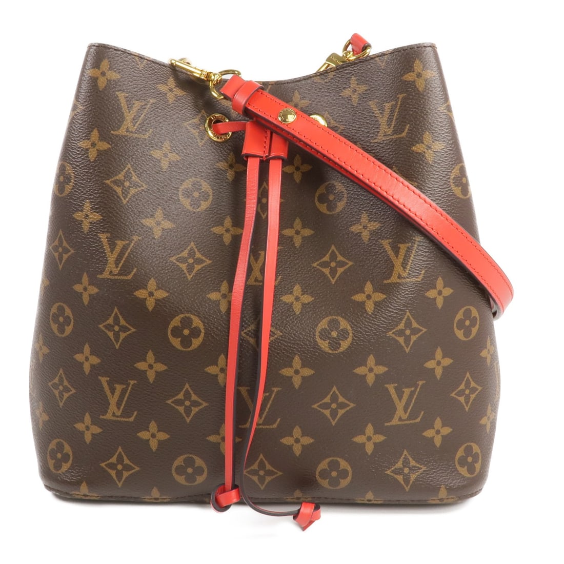 Louis Vuitton Neo Noe MM Monogram Red Shoulder Bag with Gold Hardware: Louis Vuitton Neo Noe MM Monogram Red Shoulder Bag with Gold Hardware This Louis Vuitton Neo Noe MM bucket bag features the brand's iconic monogram PVC coated canvas accented with red exterior details