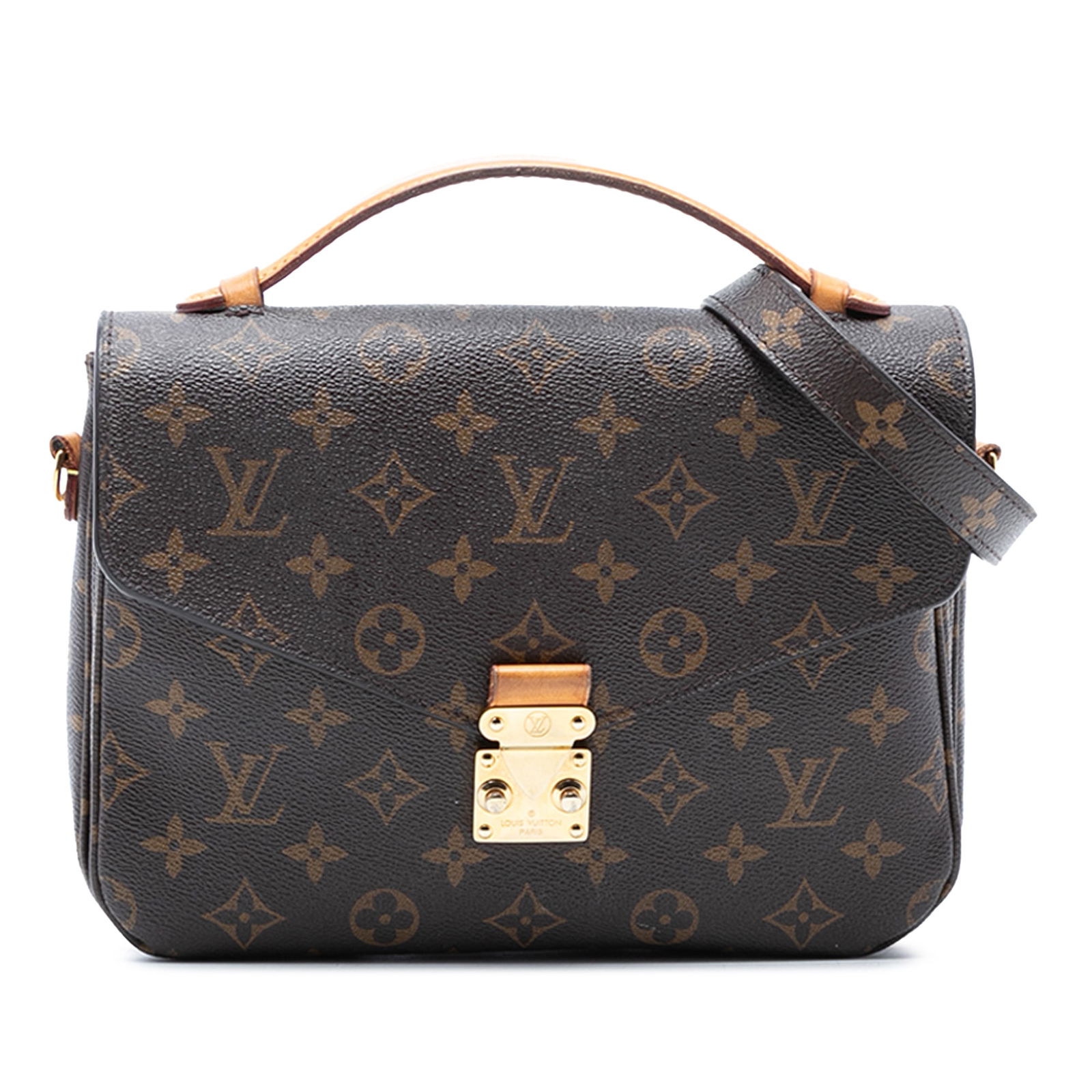 Brown Monogram Canvas Pochette Metis Bag by Louis Vuitton with Shoulder Strap: Brown Monogram Canvas Pochette Metis Bag by Louis Vuitton with Shoulder Strap The Louis Vuitton Monogram Pochette Metis features a monogram canvas body with a flat vachetta leather top handle and a de