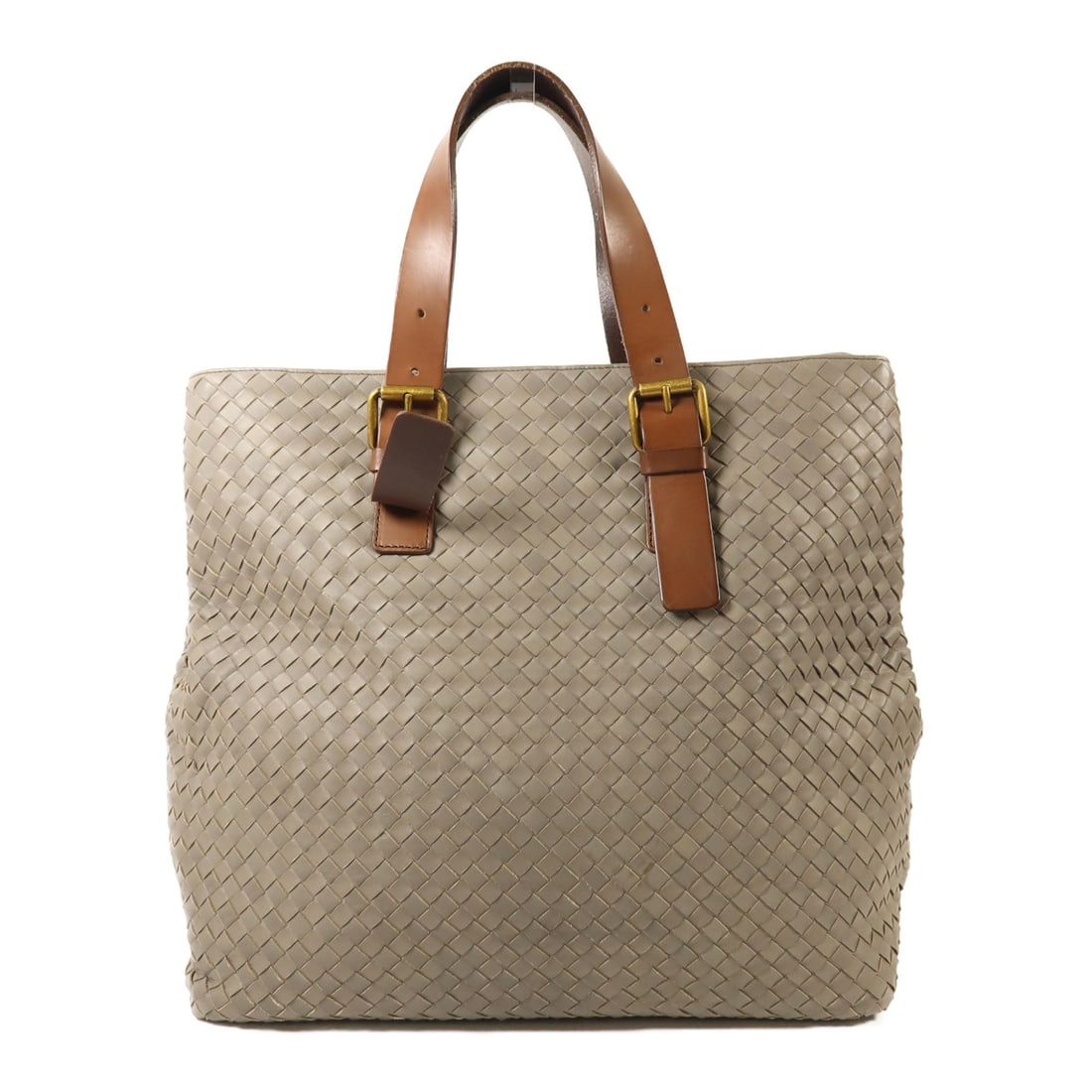 Grey Lambskin Intrecciato Tote by Bottega Veneta: Grey Lambskin Intrecciato Tote by Bottega Veneta This Bottega Veneta Intrecciato tote bag features luxurious lambskin leather in a sophisticated gray color. Crafted in Italy, the bag showcases the bra