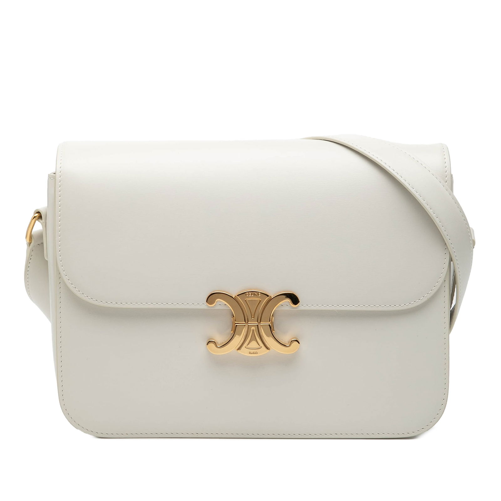 Celine Triomphe Large Shiny Calfskin White Crossbody Bag: Celine Triomphe Large Shiny Calfskin White Crossbody Bag This Celine Large Shiny Calfskin Triomphe Crossbody bag is crafted from leather and features an adjustable flat leather strap, a front flap wit