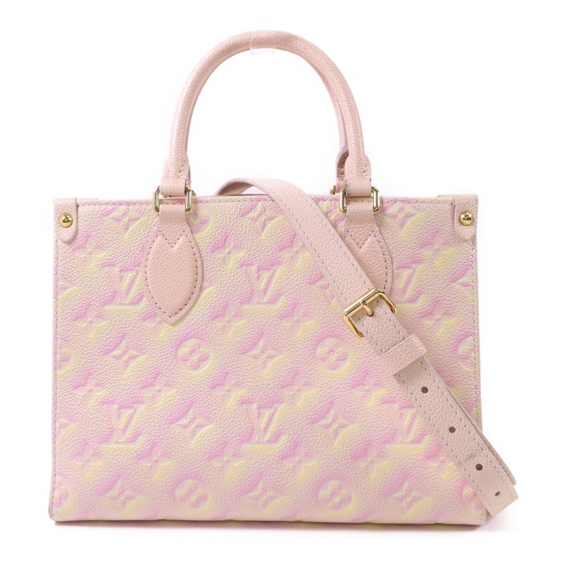 Louis Vuitton On The Go PM Pink Yellow Monogram Calfskin 2Way Shoulder Bag: Louis Vuitton On The Go PM Pink Yellow Monogram Calfskin 2Way Shoulder Bag This Louis Vuitton On The Go PM 2-way shoulder bag features the Monogram Empreinte design in pink and yellow. Crafted from ca