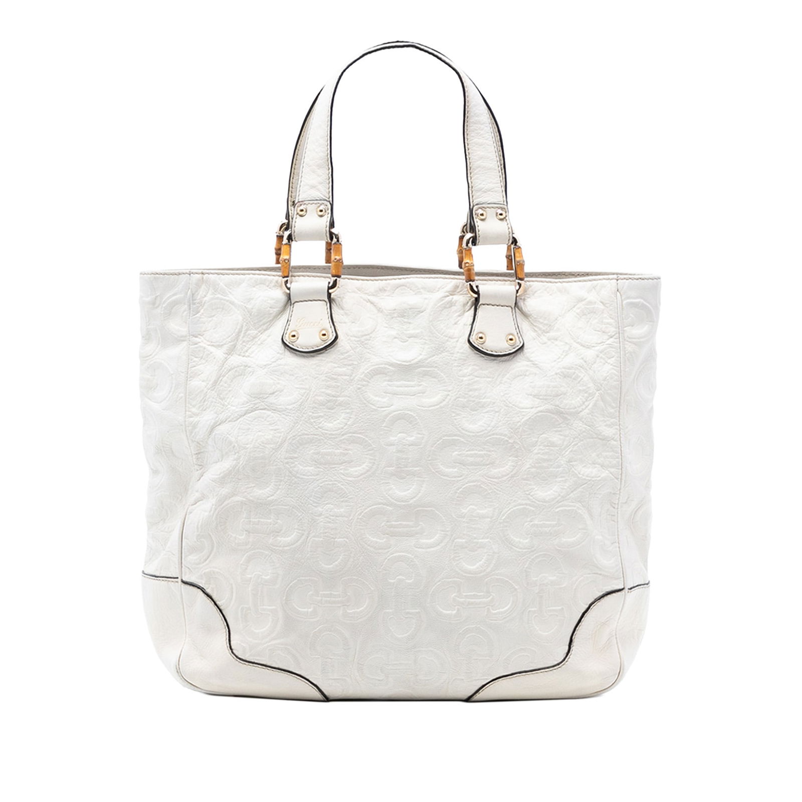 Gucci Bamboo Horsebit White Embossed Leather Tote Bag: Gucci Bamboo Horsebit White Embossed Leather Tote Bag This Gucci Leather Bamboo Horsebit Tote features an embossed leather exterior in white, flat leather handles, an open top, and an interior zip poc
