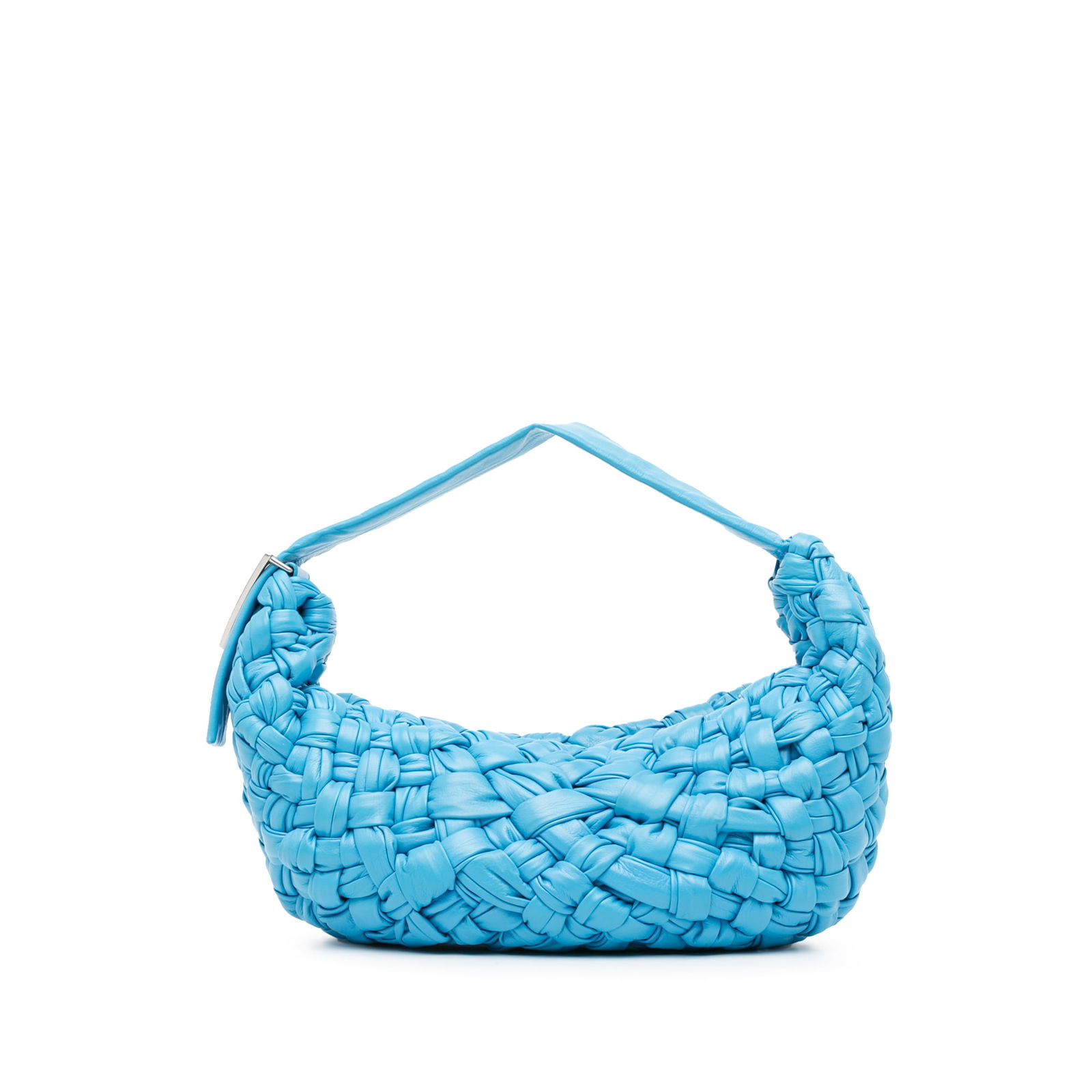 Bottega Veneta Foulard Intrecciato Banana Blue Leather Bag: Bottega Veneta Foulard Intrecciato Banana Blue Leather Bag Elevate your accessory collection with the Bottega Veneta Foulard Intrecciato Banana. This stylish bag showcases a beautifully woven calfskin