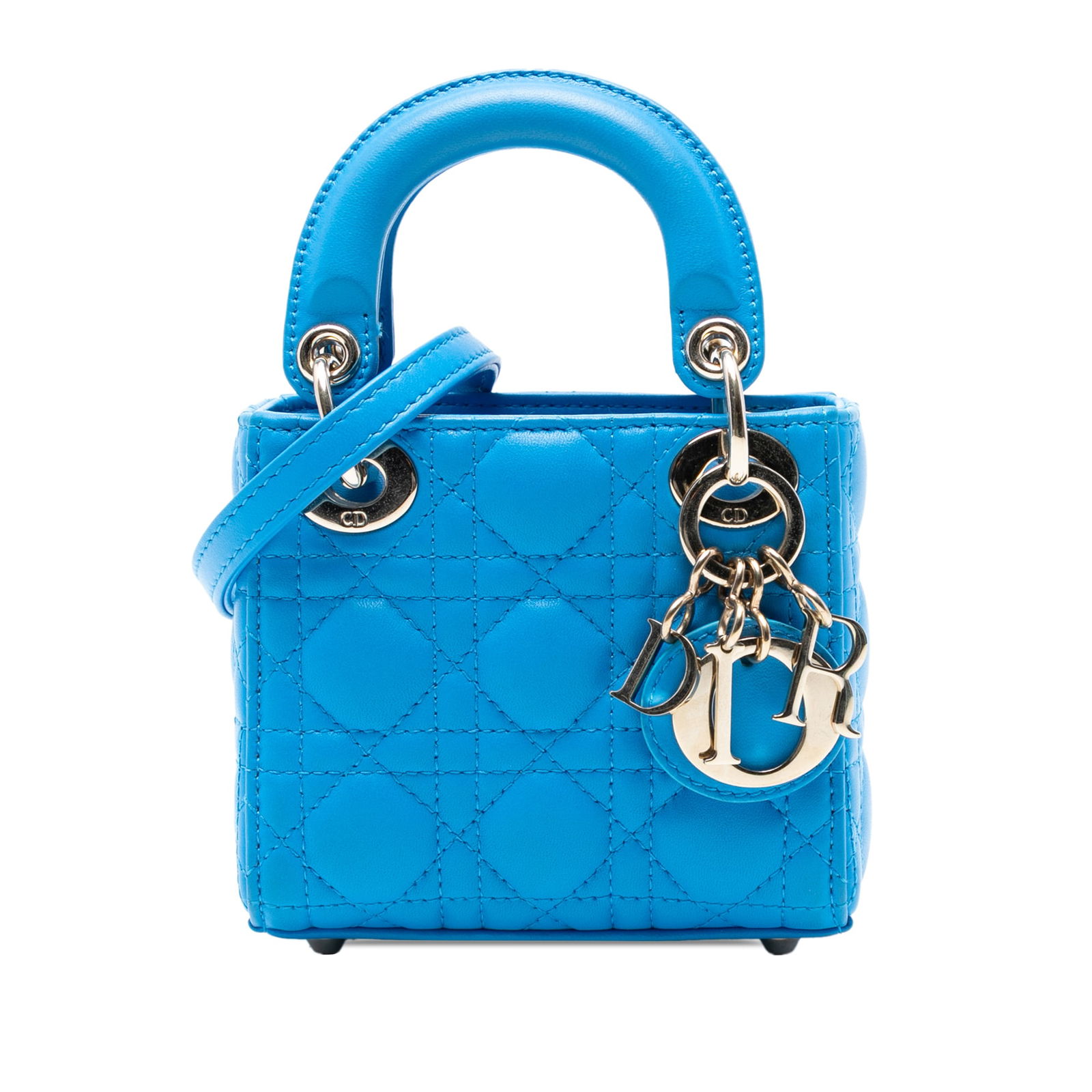 Dior Micro Lambskin Cannage Lady Dior Blue Bag: Dior Micro Lambskin Cannage Lady Dior Blue Bag The Micro Lambskin Cannage Lady Dior is an exquisite handbag crafted from luxurious quilted lambskin leather in a stunning blue color. It features elegan
