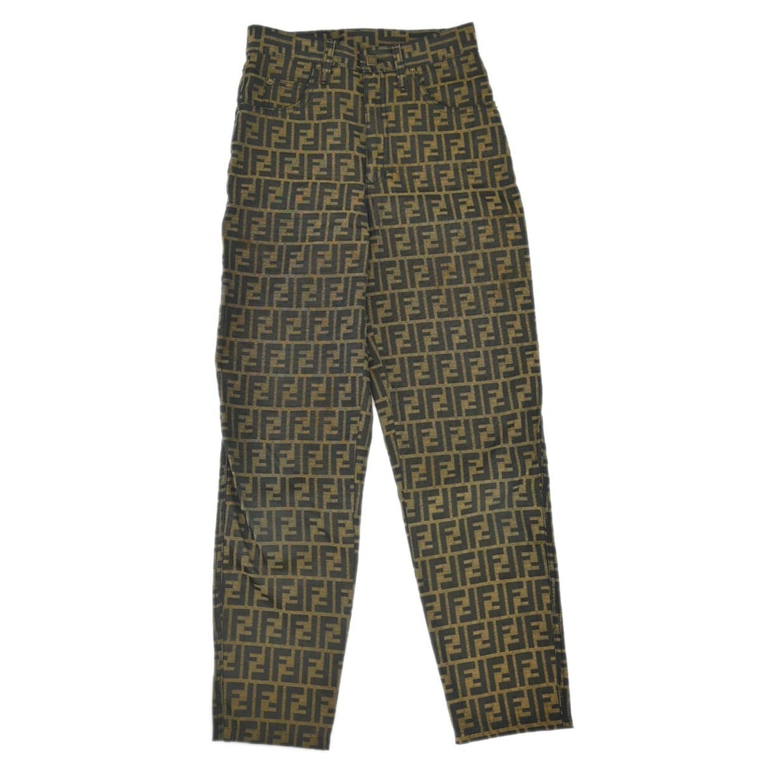 Fendi Brown Zucca Pattern Straight Leg Long Pants Size 42: Fendi Brown Zucca Pattern Straight Leg Long Pants Size 42 These Fendi Zucca long pants feature the iconic Zucca pattern in brown and black, crafted from a blend of 70% polyester and 30% cotton. Design
