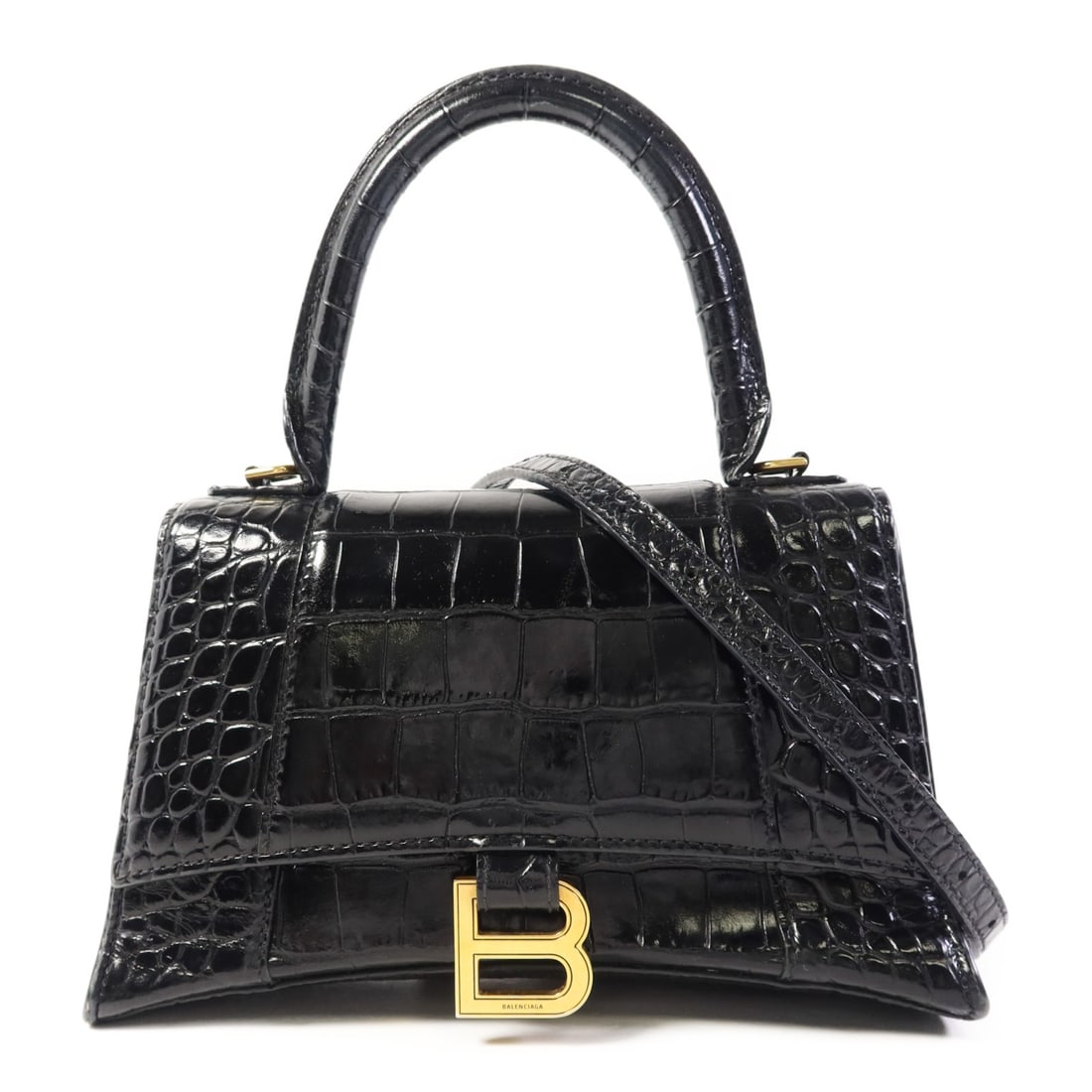 BALENCIAGA Hourglass 2 Way Shoulder Bag Black Calfskin Leather: BALENCIAGA Hourglass 2 Way Shoulder Bag Black Calfskin Leather This Balenciaga Hourglass 2 Way Shoulder Bag is a stylish accessory crafted from premium calfskin leather in a classic black finish. Desi
