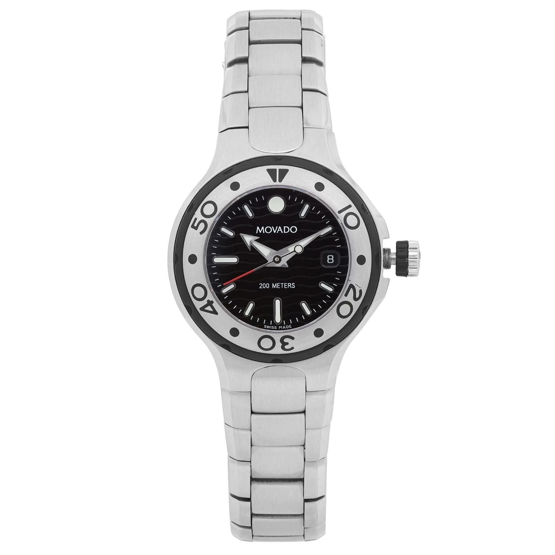 Movado Series 800 28mm Black Dial Diver's Quartz Ladies Watch: Movado Series 800 28mm Black Dial Diver's Quartz Ladies Watch The Movado Series 800 is a stylish 28mm diver's wristwatch designed for women, featuring a sleek black dial with stick indexes for a class