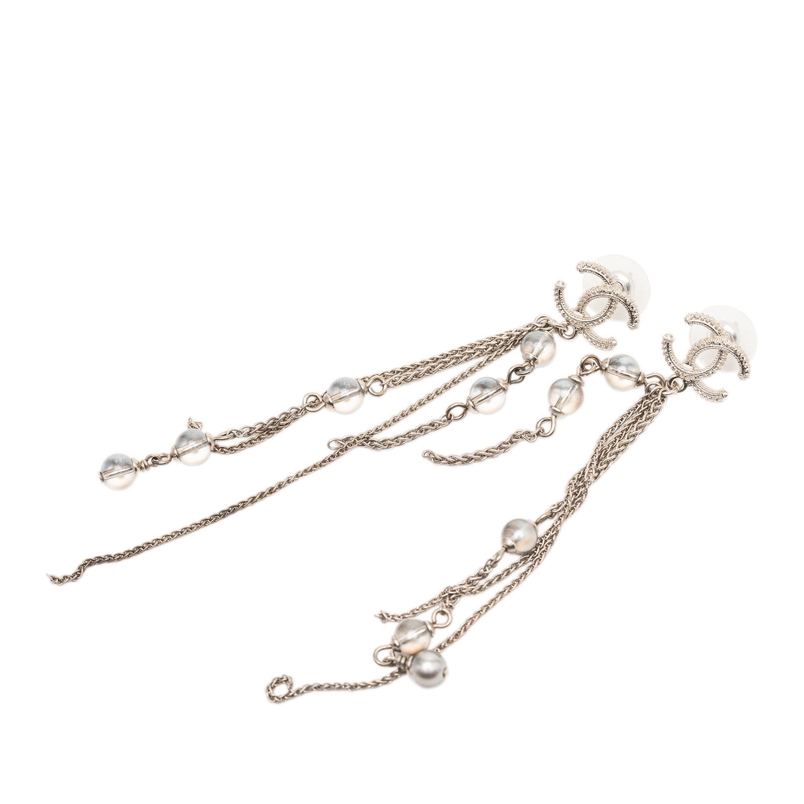 Chanel CC Faux Pearl Gold Tone Drop Earrings with Chain Detail: Chanel CC Faux Pearl Gold Tone Drop Earrings with Chain Detail These Chanel earrings feature a gold-tone metal construction adorned with faux pearl embellishments and are designed with a push back clo