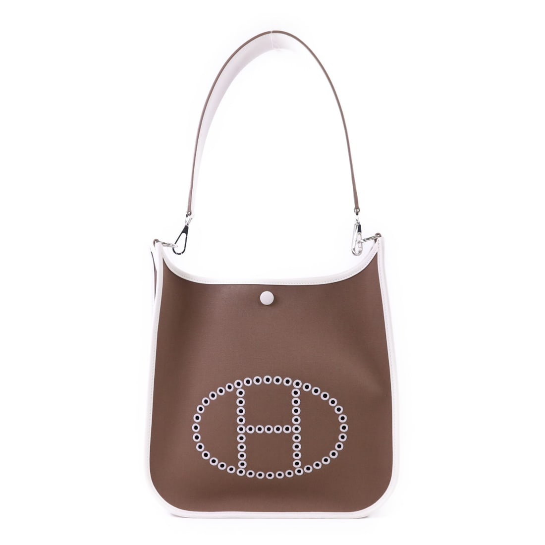 Hermes Evelyne 29 Etoupe Swift Leather and Toile Shoulder Bag with Palladium Hardware: Hermes Evelyne 29 Etoupe Swift Leather and Toile Shoulder Bag with Palladium Hardware This Hermes Evelyne 29 shoulder bag is crafted from Swift leather and toile fabric in Etoupe brown. The bag featur