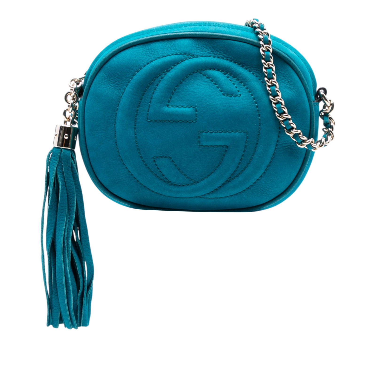 Gucci Mini Soho Blue Calfskin Crossbody Bag with Chain: Gucci Mini Soho Blue Calfskin Crossbody Bag with Chain The Gucci Mini Pebbled Calfskin Soho Chain Crossbody is a stylish and functional accessory. Crafted from high-quality leather, this bag features