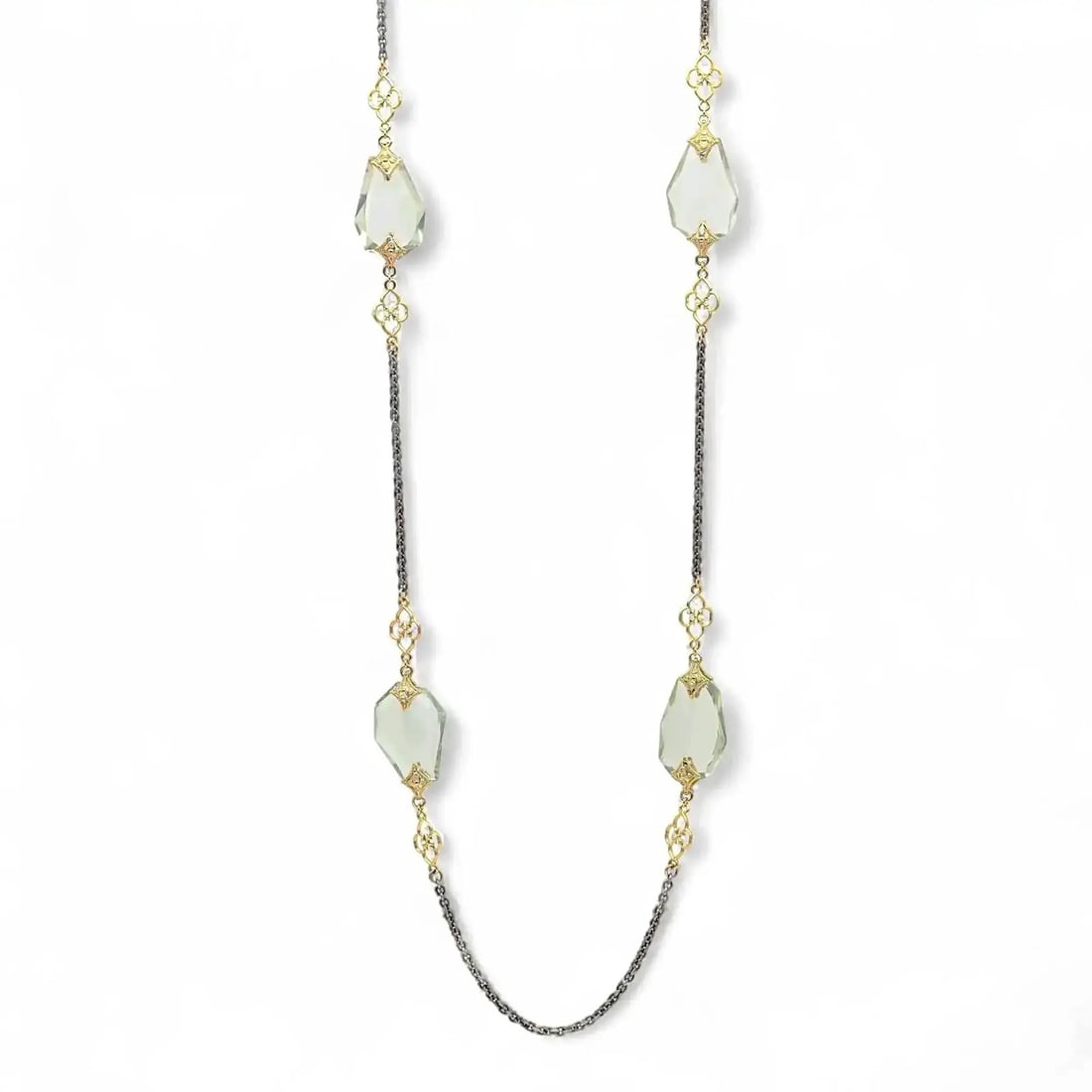 Armenta Crivelli 36 Inch Diamond Necklace in 18K Gold and Silver: Armenta Crivelli 36 Inch Diamond Necklace in 18K Gold and Silver This Armenta Crivelli long necklace features round cut natural white diamonds and large green crystals set in a combination of 18k yell