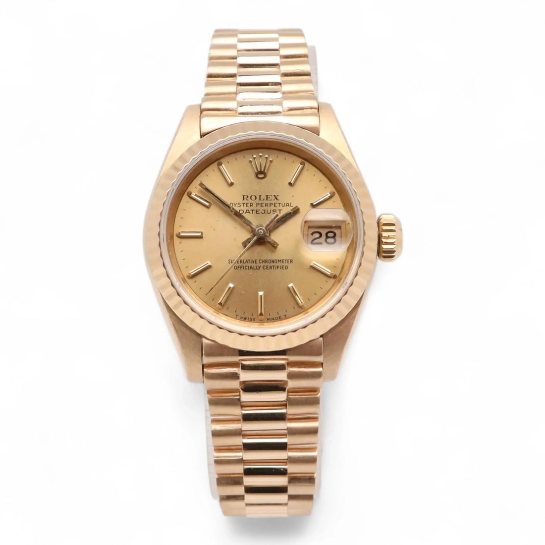 26mm Rolex President Datejust Yellow Gold Champagne Dial Automatic Watch Model 69178: 26mm Rolex President Datejust Yellow Gold Champagne Dial Automatic Watch Model 69178 This Rolex President Datejust wristwatch features a 26mm case crafted from 18K yellow gold with a polished finish.