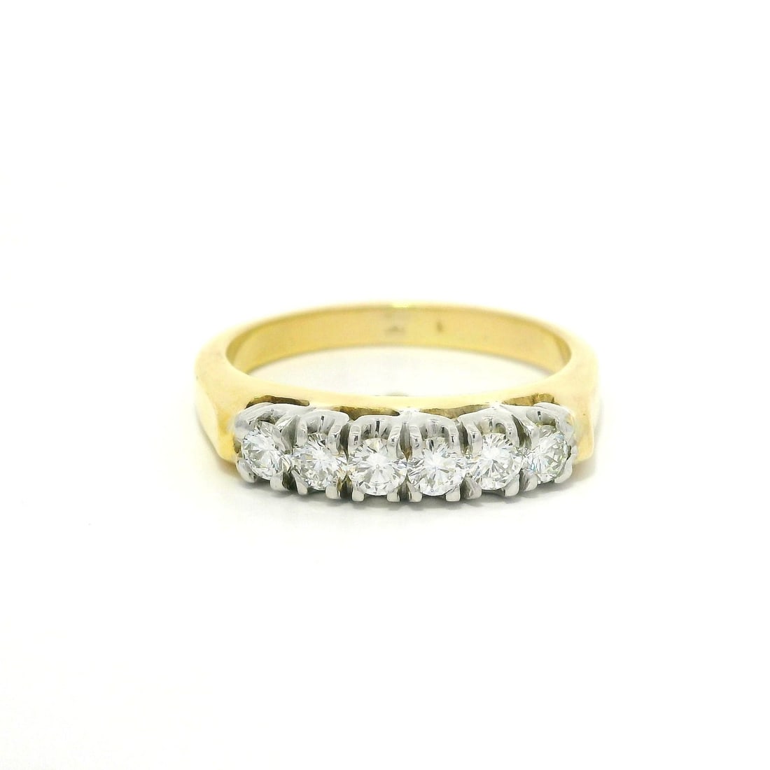 14k Yellow White Gold 0.50ctw Diamond Pave Stackable Band Ring: 14k Yellow White Gold 0.50ctw Diamond Pave Stackable Band Ring This exquisite 14k yellow and white gold band ring features a stunning array of six natural diamonds, each meticulously crafted in a roun