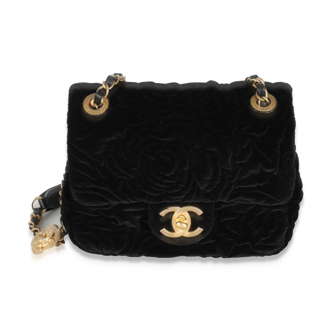Chanel Mini Square Flap Bag Black Velvet Gold-Tone Turnlock: Chanel Mini Square Flap Bag Black Velvet Gold-Tone Turnlock Elevate your style with this exquisite Chanel Black Camellia Embossed Velvet Mini Square Flap Bag. Crafted in Italy, this chic handbag featu