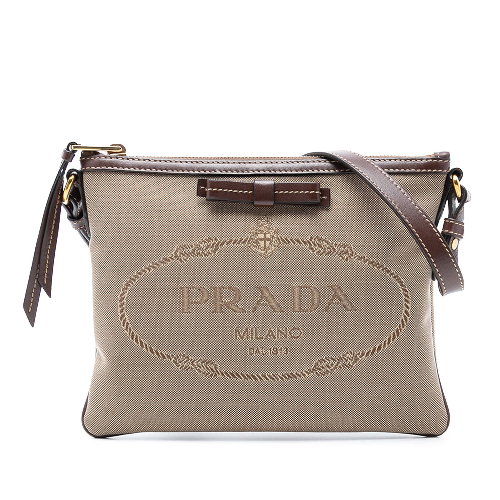 Prada Canapa Logo Bow Brown Canvas Crossbody Bag with Leather Trim (1 of 6)