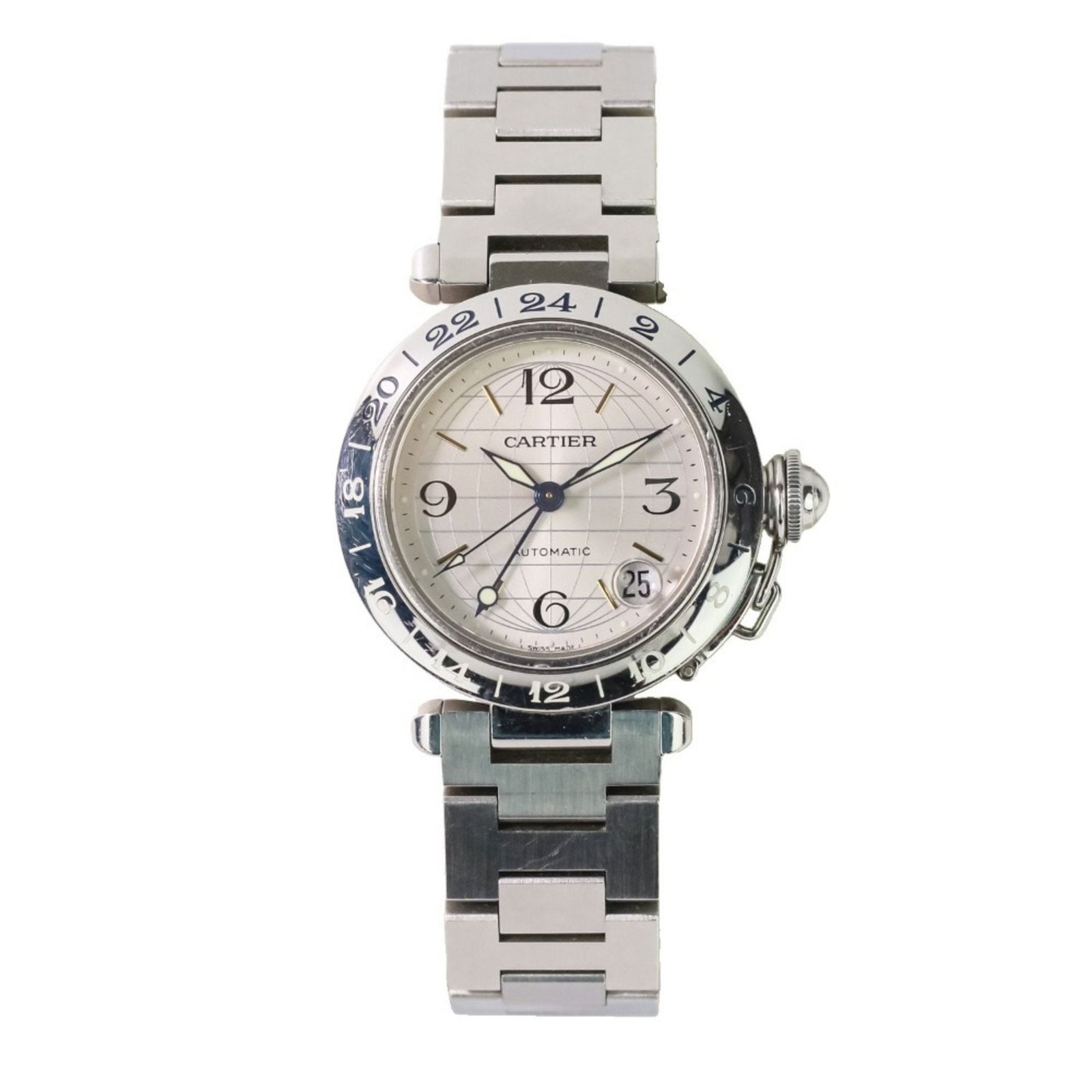 Steel Cartier Pasha C Women's Watch 36mm Swiss Made: Steel Cartier Pasha C Women's Watch 36mm Swiss Made This Cartier Pasha C watch features a silver-tone steel case and bracelet, with a 36mm diameter and 16cm bracelet length. Designed for women, it is