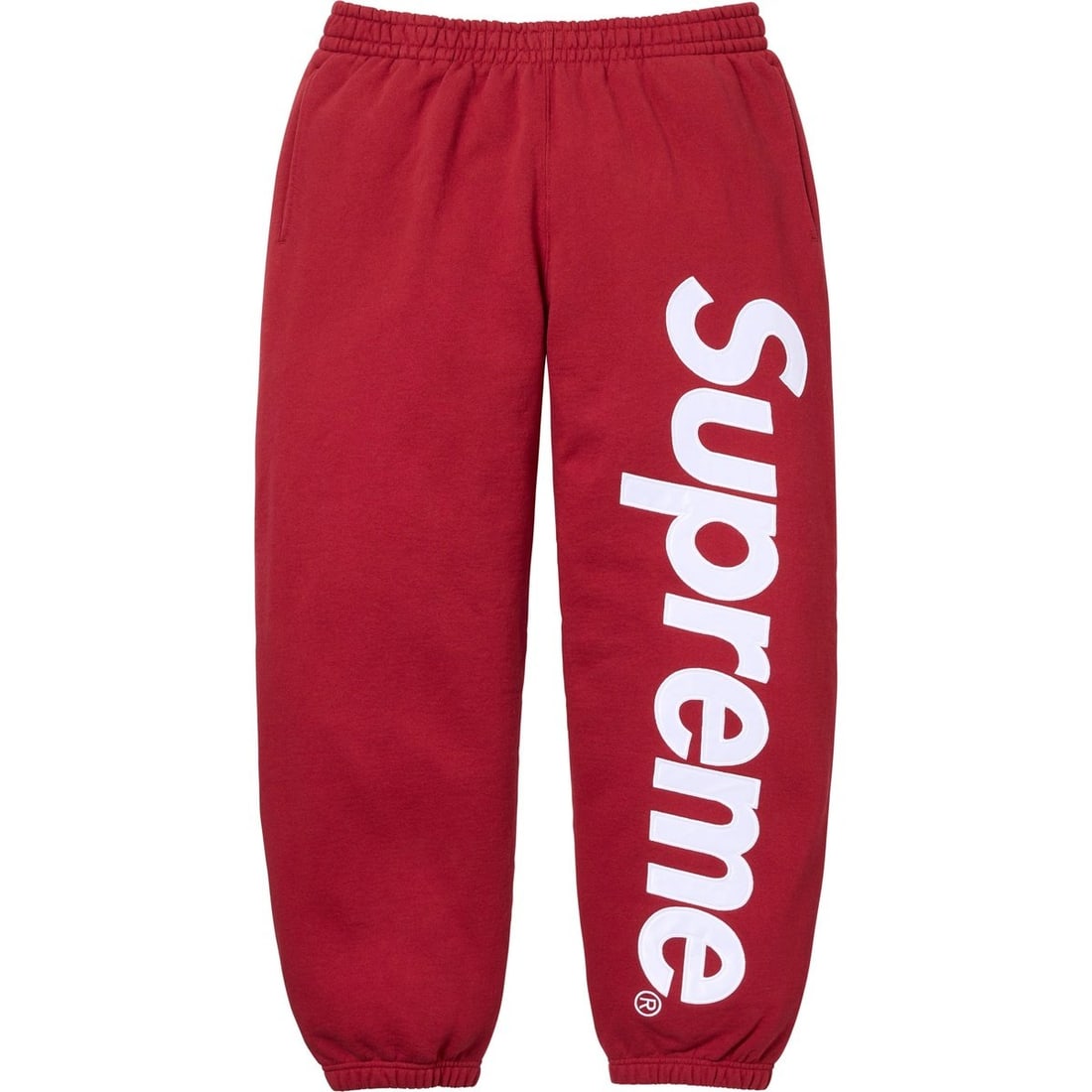 Dark Red Cotton Fleece Sweatpants with Satin Supreme Logo Applique: Dark Red Cotton Fleece Sweatpants with Satin Supreme Logo Applique Supreme Satin Applique Dark Red Sweatpants are crafted from heavyweight cotton fleece and feature an embroidered satin "Supreme" logo