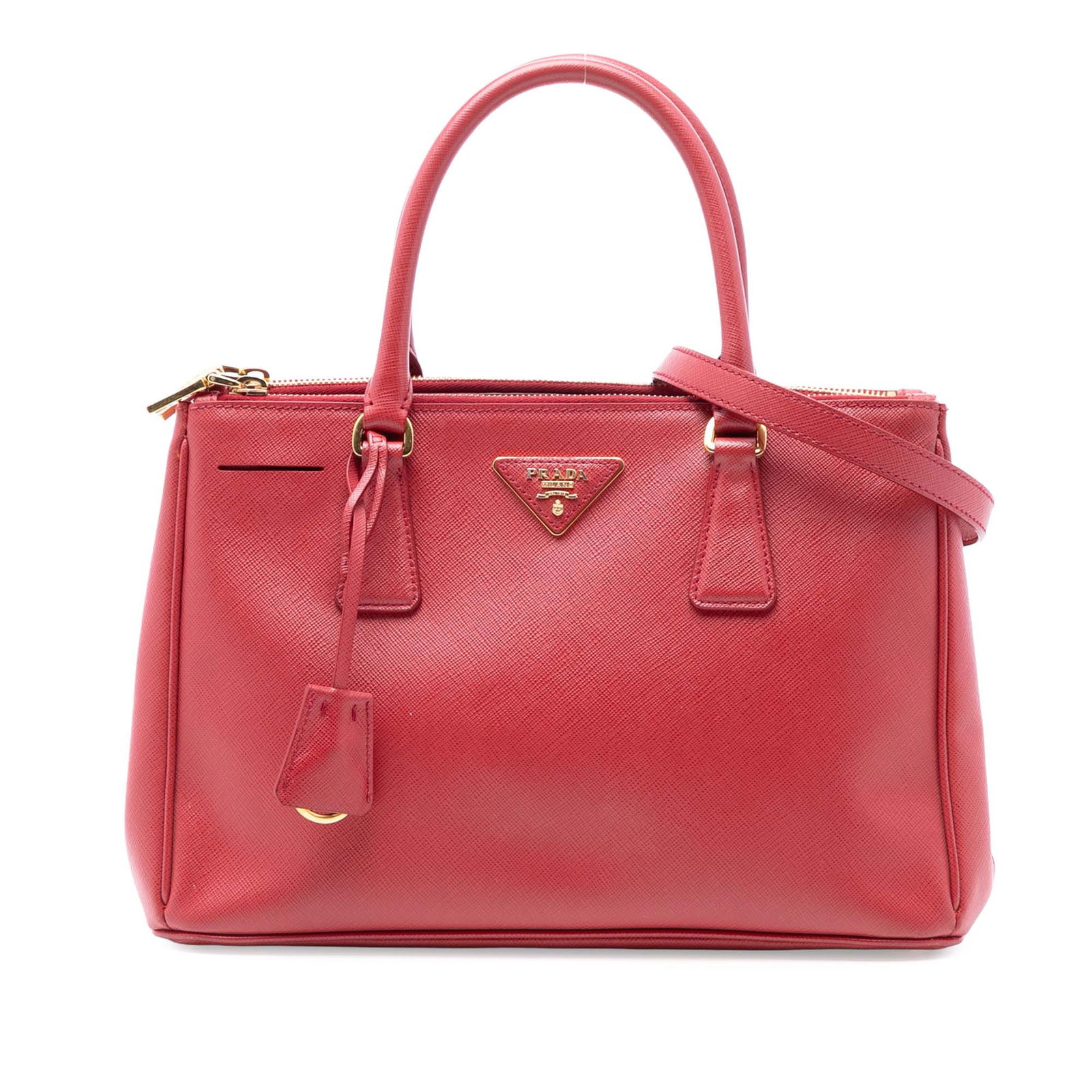 Prada Red Small Leather Galleria Satchel with Double Zip Compartments: Prada Red Small Leather Galleria Satchel with Double Zip Compartments This Prada Small Saffiano Lux Galleria Double Zip Satchel is crafted from red leather and features rolled leather handles, a detac