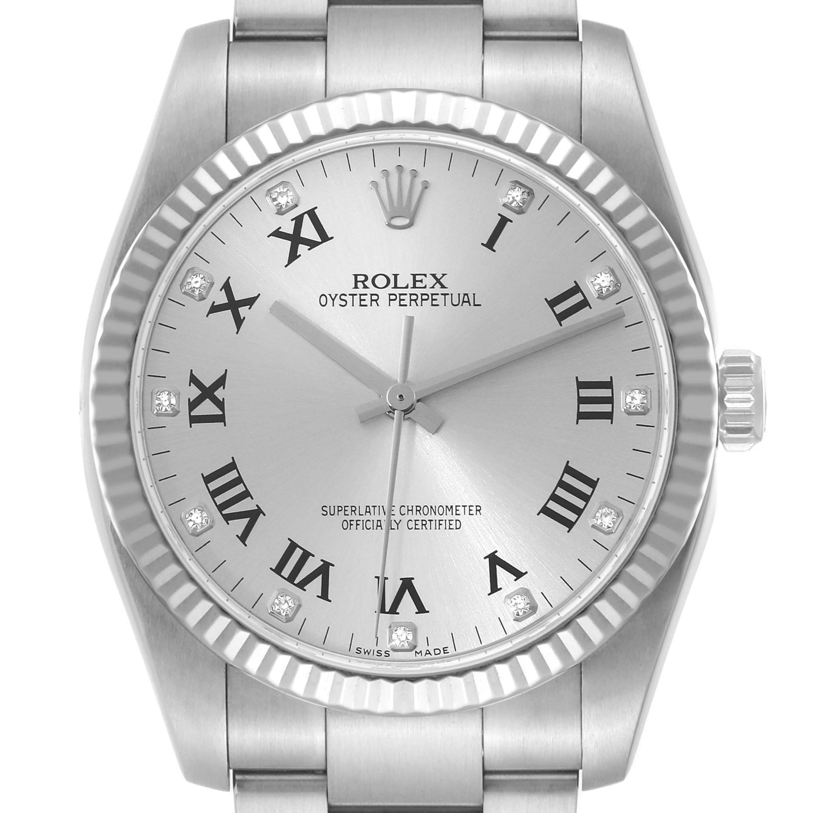 Oyster Perpetual 116034 Silver Dial Watch with Card 2010: Oyster Perpetual 116034 Silver Dial Watch with Card 2010 This is a men's Rolex Oyster Perpetual wristwatch featuring a silver dial and a fluted bezel. The watch is part of the Oyster Perpetual series