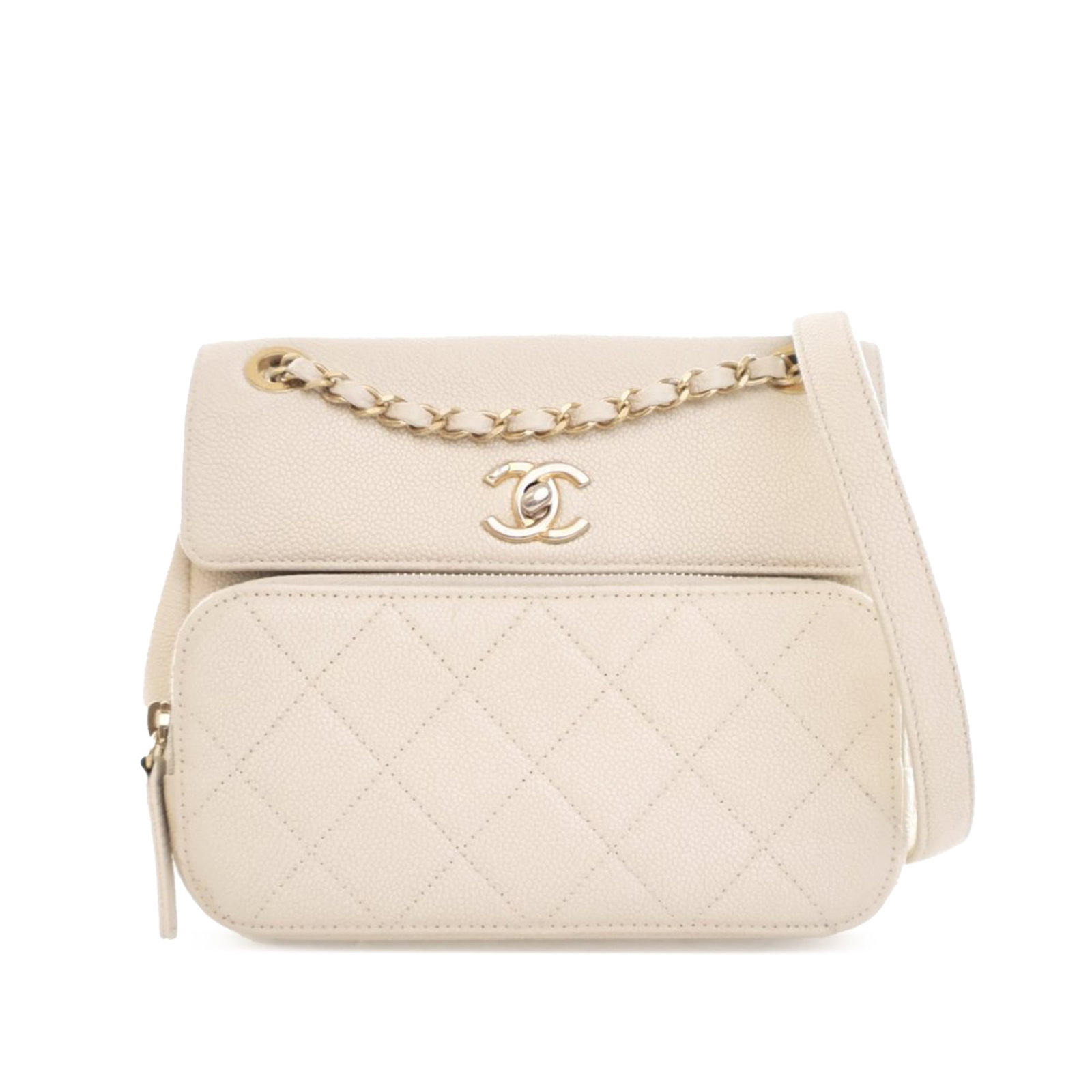 Chanel White Caviar Business Affinity Messenger Flap Bag: Chanel White Caviar Business Affinity Messenger Flap Bag Elevate your style with the Chanel Caviar Business Affinity Messenger Flap, a luxurious crossbody bag crafted from quilted caviar leather. This