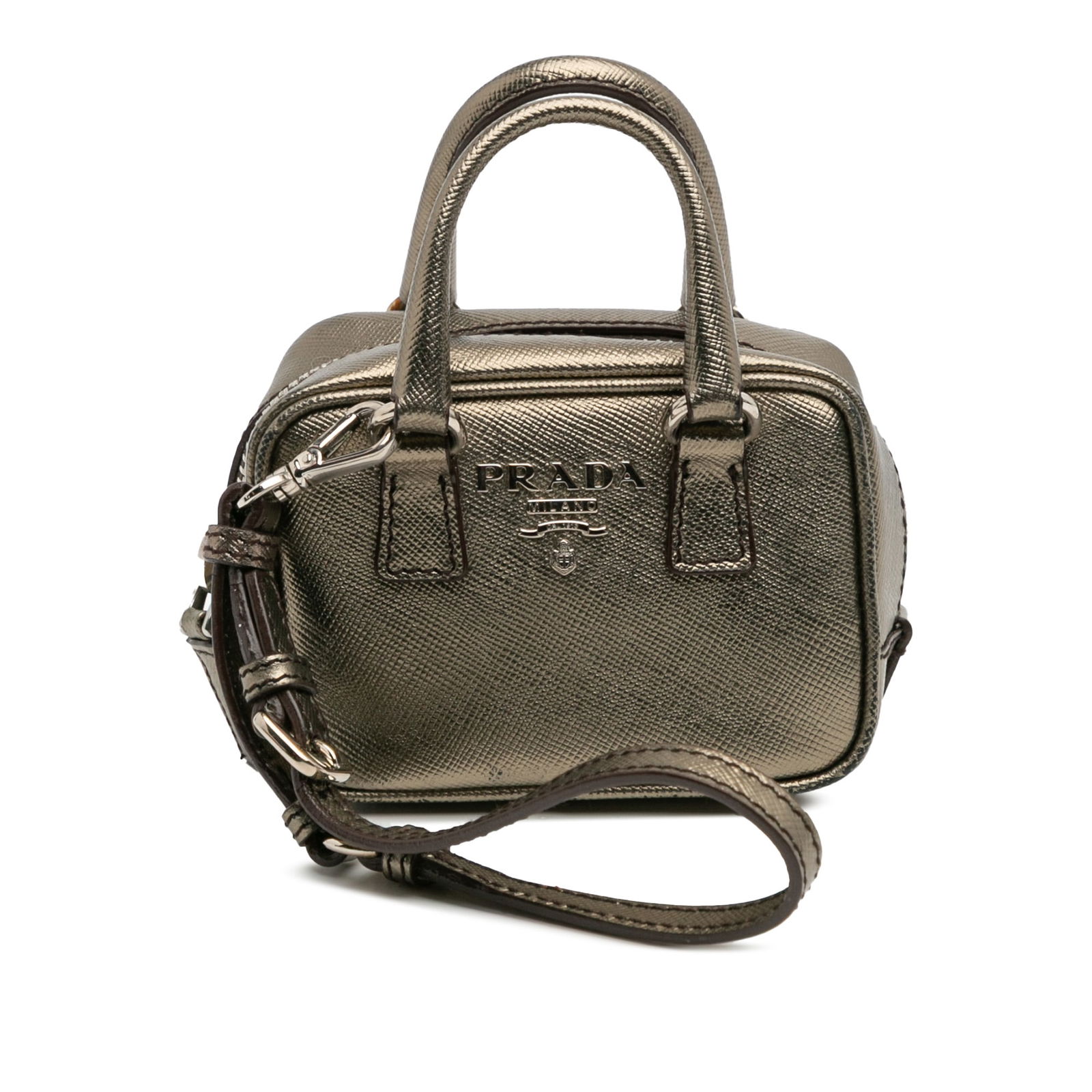 Prada Mini Metallic Saffiano Gray Leather Top Handle Bag Charm: Prada Mini Metallic Saffiano Gray Leather Top Handle Bag Charm Elevate your accessory collection with this Prada Mini Metallic Saffiano Top Handle Bag Charm. Crafted from high-quality saffiano leather