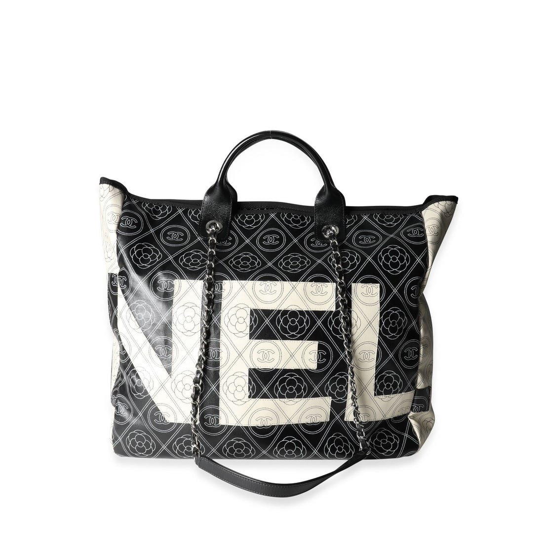 Chanel Shopper Tote Black Beige Camellia CC Print Coated Canvas Leather Handbag: Chanel Shopper Tote Black Beige Camellia CC Print Coated Canvas Leather Handbag This Chanel Shopper Tote features a black and beige Camellia and CC print on coated canvas with leather accents. Designe