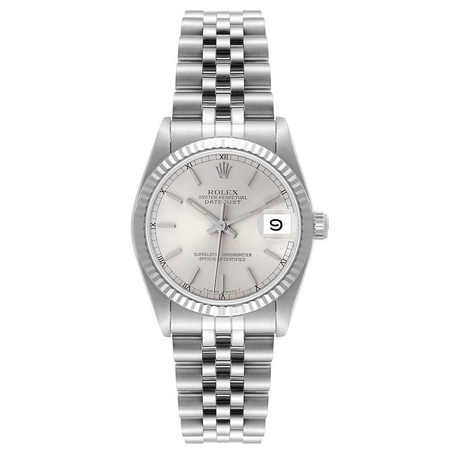 Ladies Rolex 68274 Datejust D-Link Jubilee Silver Stick Dial with Papers 1989: Ladies Rolex 68274 Datejust D-Link Jubilee Silver Stick Dial with Papers 1989 This ladies Rolex Datejust features a silver stick dial, fluted bezel, and comes with a D-Link Jubilee bracelet. The watch