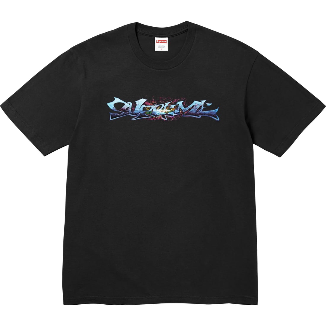 Black Supreme T Shirt with Tag Branding in Medium Size: Black Supreme T Shirt with Tag Branding in Medium Size This Supreme Tag Black Tee features a minimalist black design with the signature Supreme tag branding. Made from soft, premium cotton, it offers