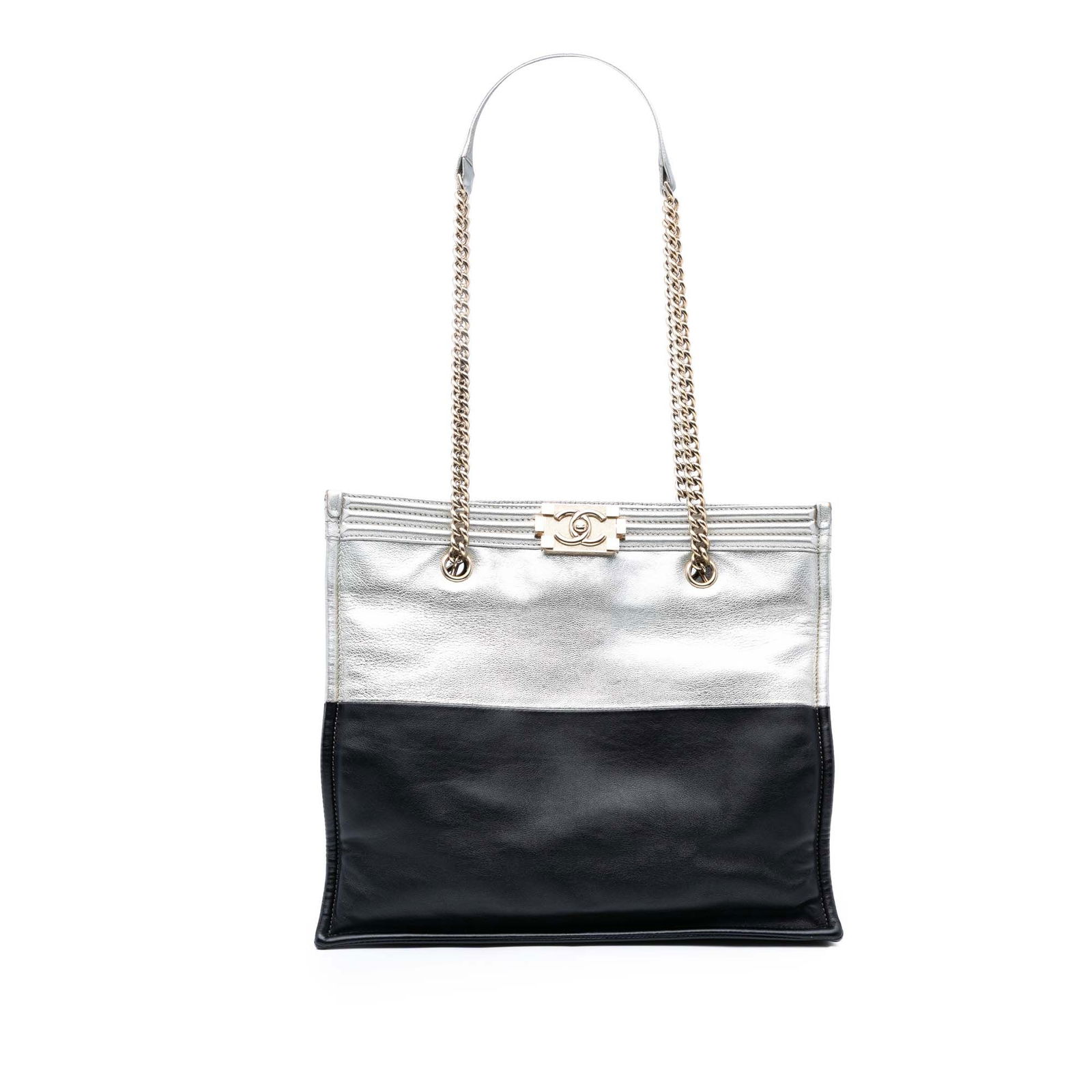 Chanel Large Bicolor Metallic Goatskin Calfskin Boy Tote Bag: Chanel Large Bicolor Metallic Goatskin Calfskin Boy Tote Bag Introducing the Chanel Large Bicolor Metallic Goatskin and Calfskin Boy Tote, a luxurious addition to your accessory collection. This styli
