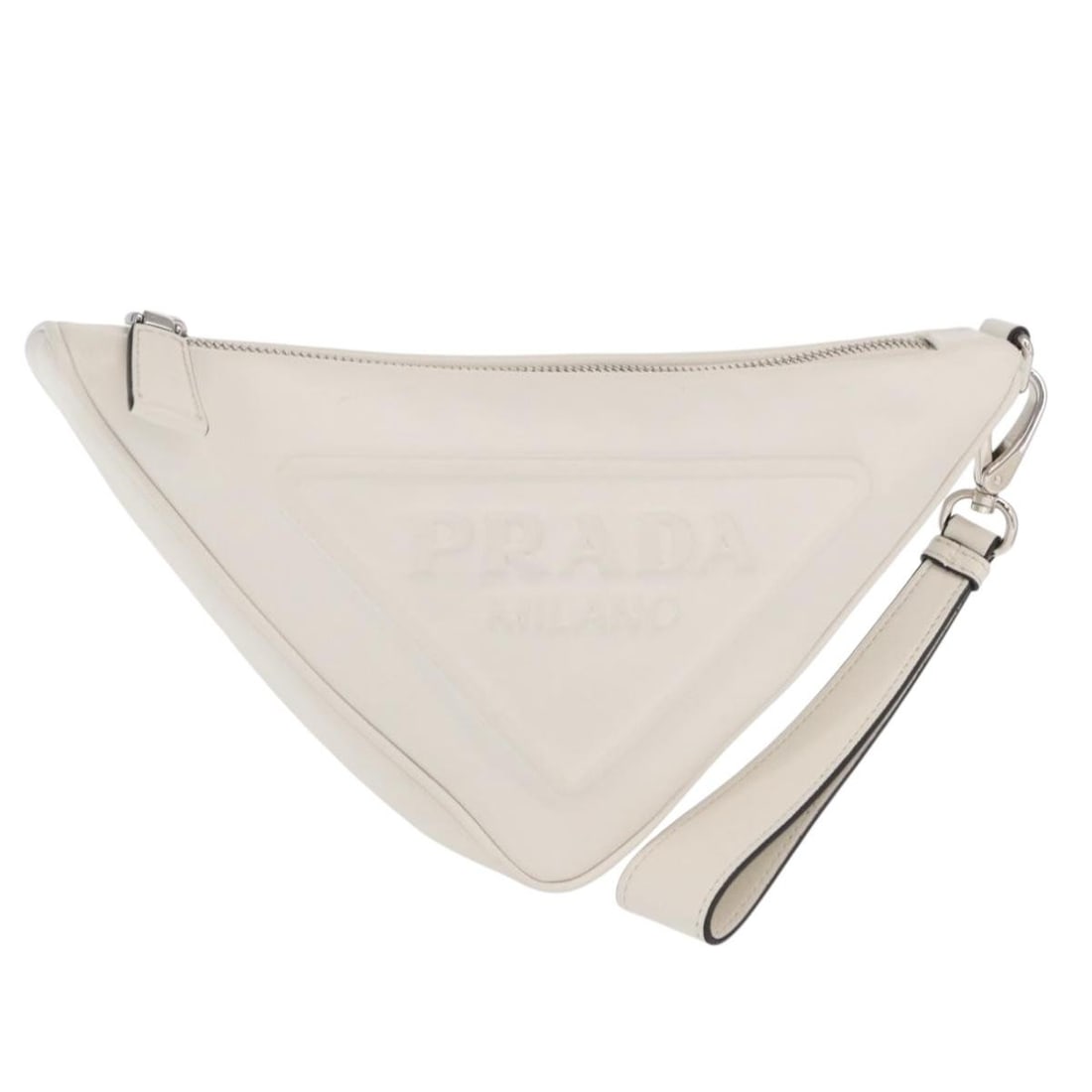 Prada Leather Clutch in Silver and White with Dust Bag: Prada Leather Clutch in Silver and White with Dust Bag This Prada clutch bag is crafted from silver and white leather, offering a sleek and sophisticated design. Made in Italy, the bag features a comp