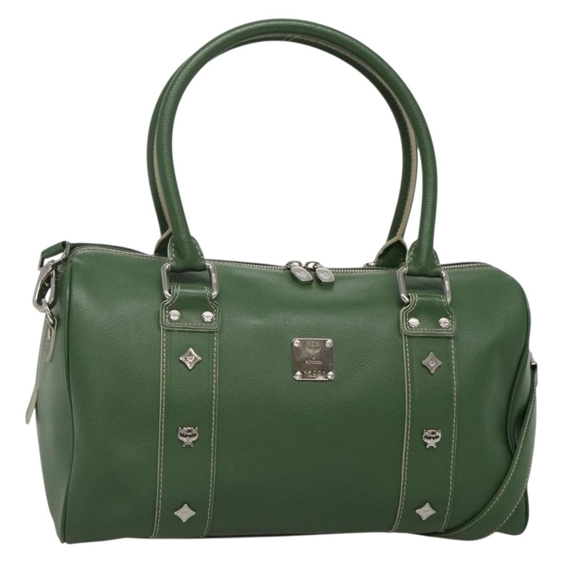MCM Green Silver Leather Boston Bag 2-Way Auth Y6991: MCM Green Silver Leather Boston Bag 2-Way Auth Y6991 This MCM Boston Bag combines style and practicality, featuring a sophisticated green and silver leather exterior. Crafted with high-quality leather
