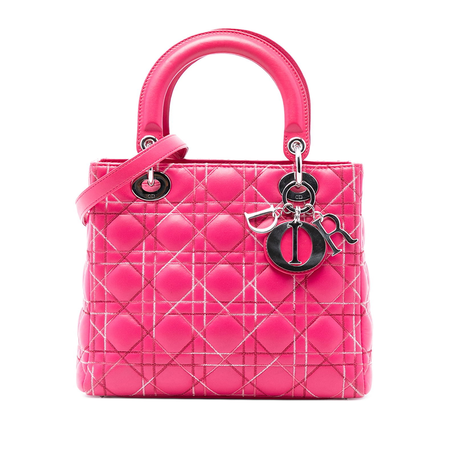 Dior Lady Dior Medium Pink Quilted Lambskin Bag with Detachable Strap: Dior Lady Dior Medium Pink Quilted Lambskin Bag with Detachable Strap This Medium Lambskin Cannage Lady Dior bag features a quilted pink lambskin leather exterior with flat leather top handles and a d