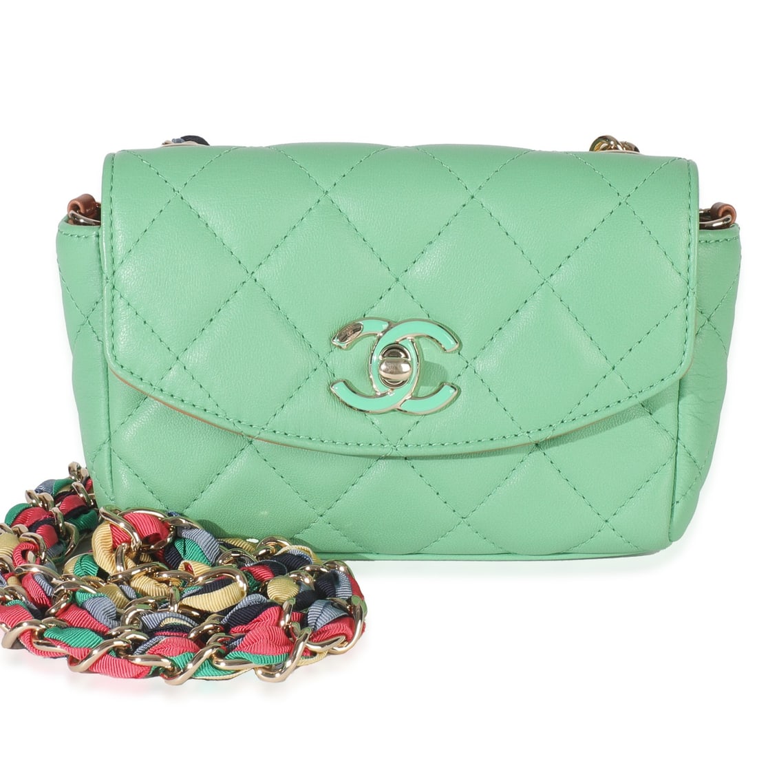 Chanel Green Lambskin Ribbon Chain Mini Flap Bag with Authenticity Card: Chanel Green Lambskin Ribbon Chain Mini Flap Bag with Authenticity Card This elegant Chanel Green Quilted Lambskin Ribbon Chain Mini Flap Bag is a stylish accessory crafted in Italy. It features a stu