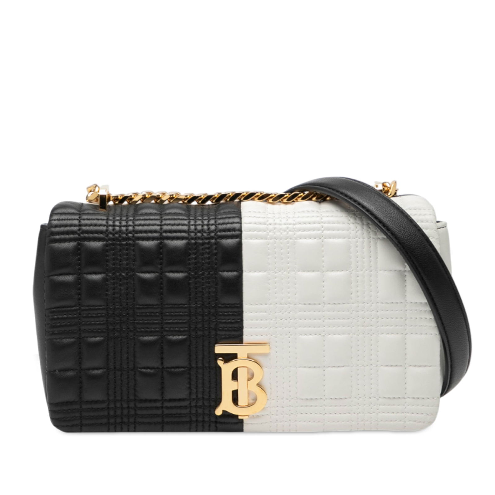 Small Lola Quilted Bicolor Lambskin Crossbody Bag by Burberry: Small Lola Quilted Bicolor Lambskin Crossbody Bag by Burberry This Burberry Small Bicolor Quilted Lambskin Lola Crossbody features a quilted leather body with a chain link strap and leather guard. It
