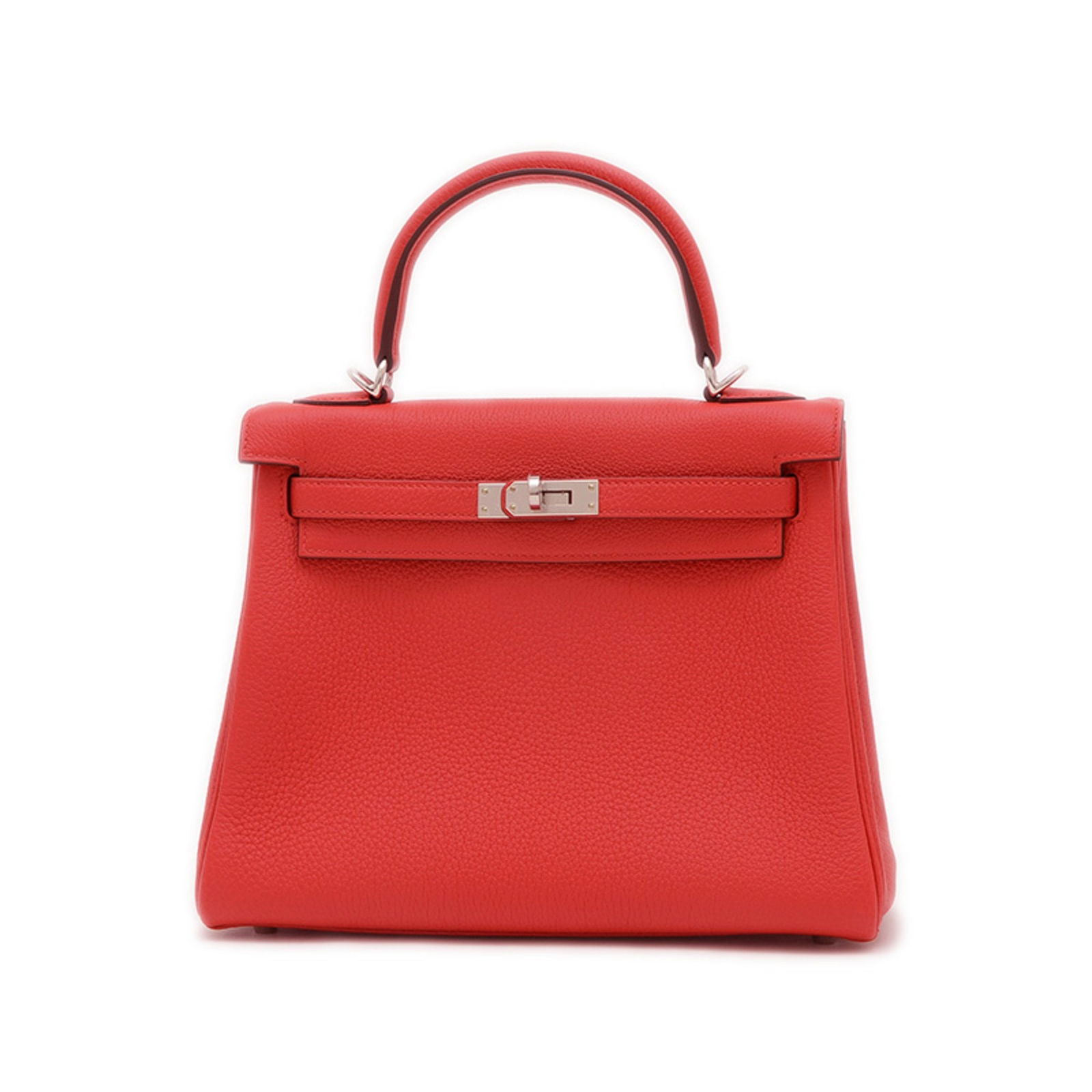Red Leather Hermes Kelly 25 Handbag 19cm x 25cm x 13cm: Red Leather Hermes Kelly 25 Handbag 19cm x 25cm x 13cm Hermes Kelly 25 handbag crafted from red leather, designed for women. Features include a structured silhouette and metal fittings. Made in France