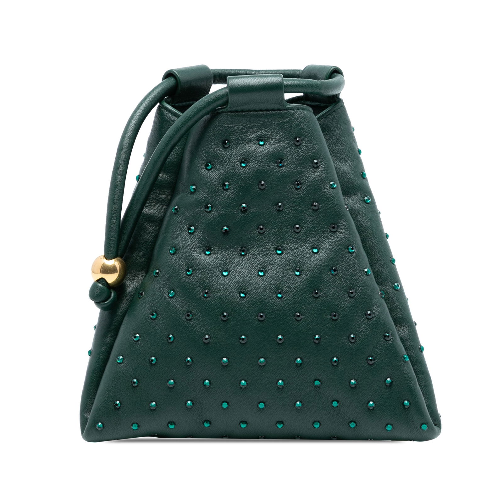 Mini Crystal Decorated Triangle Purse by Bottega Veneta in Green Lambskin: Mini Crystal Decorated Triangle Purse by Bottega Veneta in Green Lambskin This mini handbag showcases a crystal-embellished lambskin leather body in green, featuring a rolled leather handle and a top