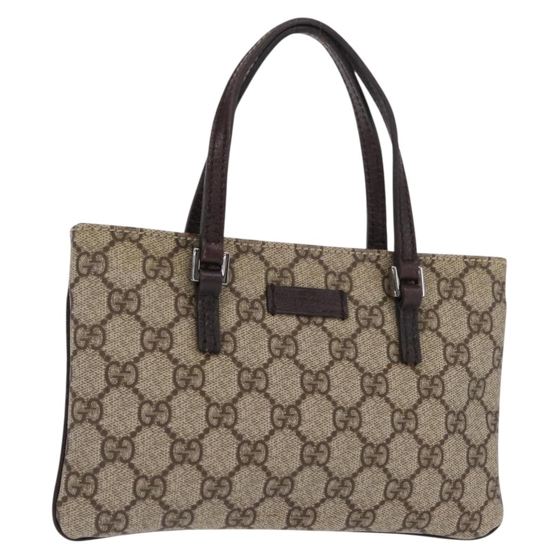 GUCCI GG Supreme Beige Silver Hand Bag Authentic 114599: GUCCI GG Supreme Beige Silver Hand Bag Authentic 114599 This elegant GUCCI GG Supreme Hand Bag is crafted from high-quality GG Canvas in a sophisticated beige and silver color combination. The bag mea