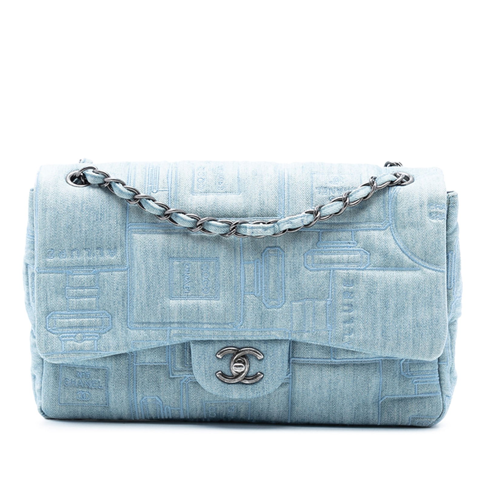 Chanel Medium Denim Embroidered Perfume Bottle Flap Shoulder Bag: Chanel Medium Denim Embroidered Perfume Bottle Flap Shoulder Bag This Chanel Medium Embroidered Denim Perfume Bottle Single Flap shoulder bag features a blue denim body with embroidered detailing, a c