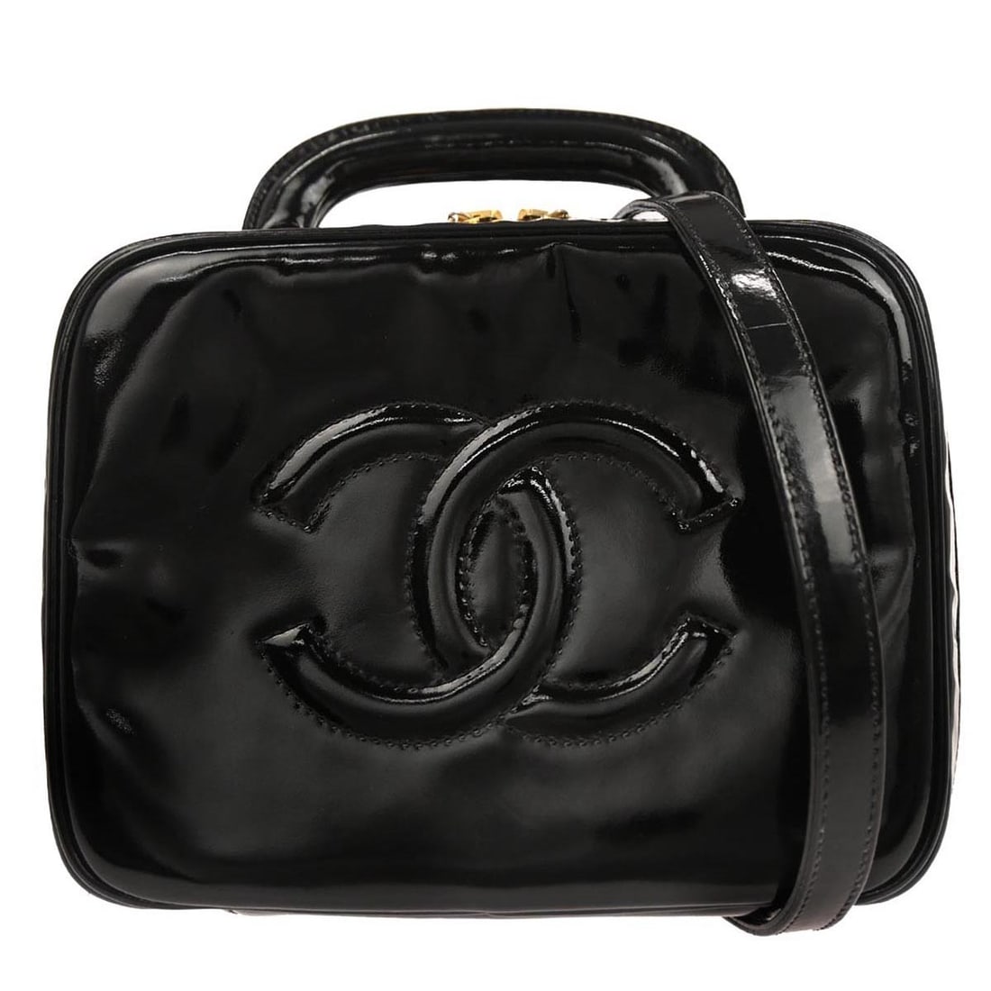 Chanel Vanity Black Patent Leather Medium 2way Bag with Detachable Strap: Chanel Vanity Black Patent Leather Medium 2way Bag with Detachable Strap This Chanel Vanity 2way handbag is crafted from black patent leather and features a signature logo accent. The bag offers versa