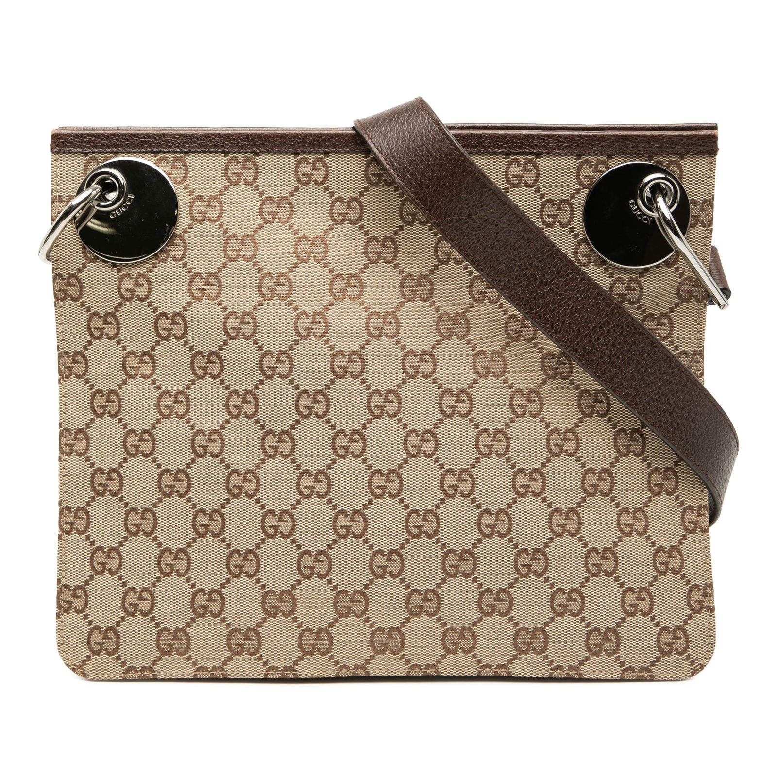 Brown GG Canvas Eclipse Shoulder Bag by Gucci with Leather Trim: Brown GG Canvas Eclipse Shoulder Bag by Gucci with Leather Trim This Gucci GG Canvas Eclipse Crossbody bag features a brown canvas body with leather trim, an adjustable flat leather strap, a top magne