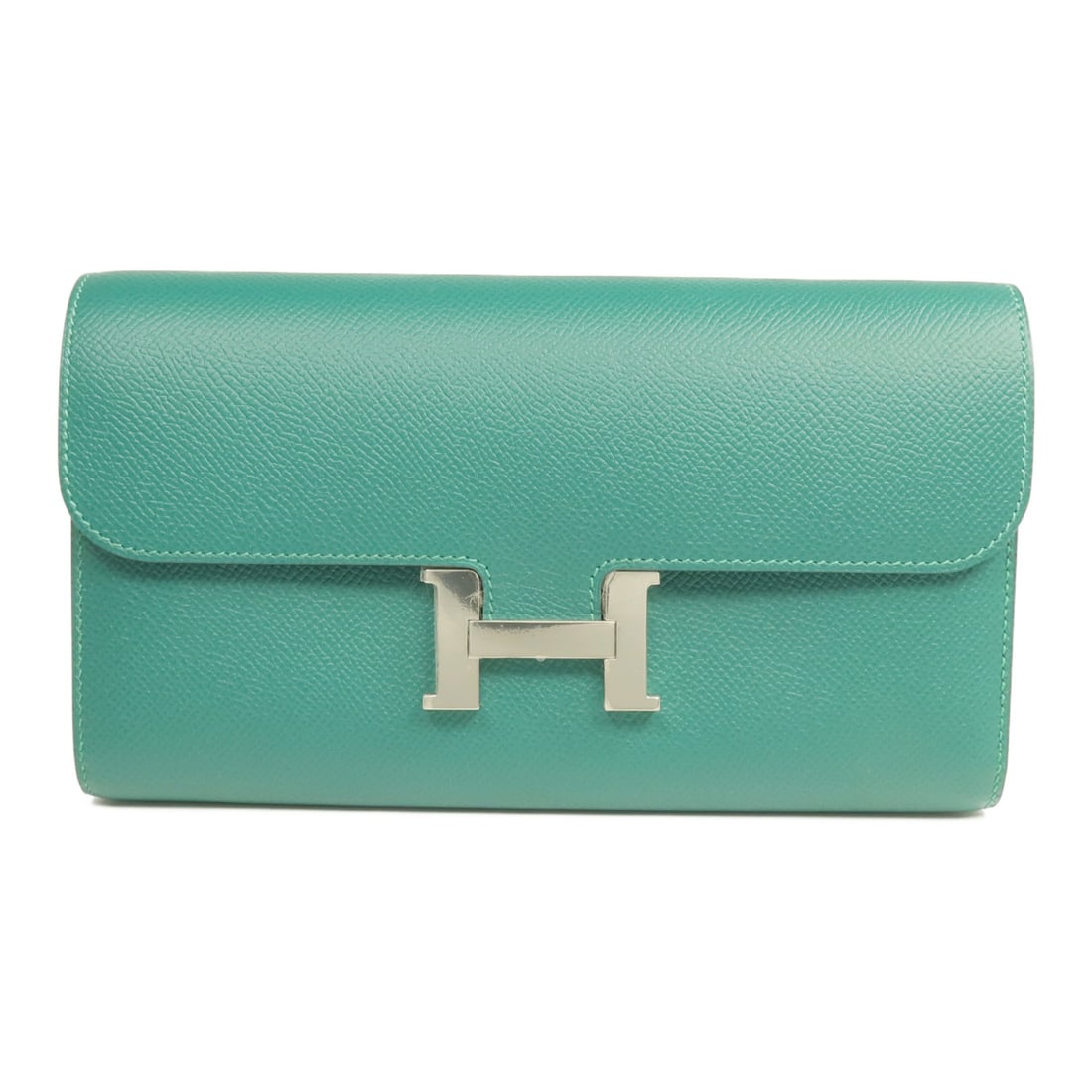 Hermes Constance Green Epsom Leather Bifold Wallet with Palladium Hardware: Hermes Constance Green Epsom Leather Bifold Wallet with Palladium Hardware This Hermes Constance wallet features a bifold design crafted from green Epsom calfskin leather. Made in France, it is in ver
