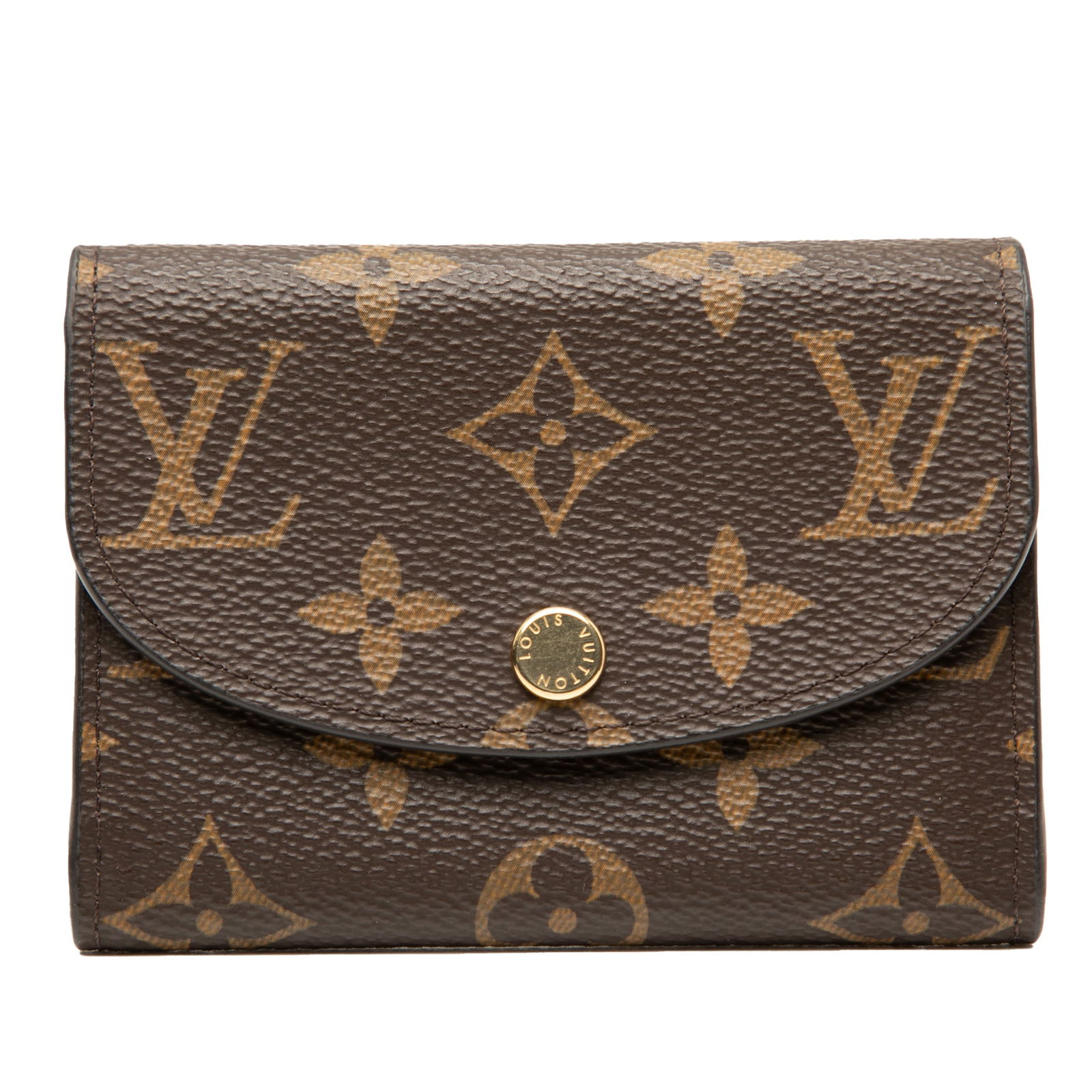 Brown Monogram Canvas Rosalie Coin Wallet by Louis Vuitton: Brown Monogram Canvas Rosalie Coin Wallet by Louis Vuitton This Louis Vuitton Rosalie coin purse features the iconic monogram canvas with a front flap and snap button closure. The interior includes bo