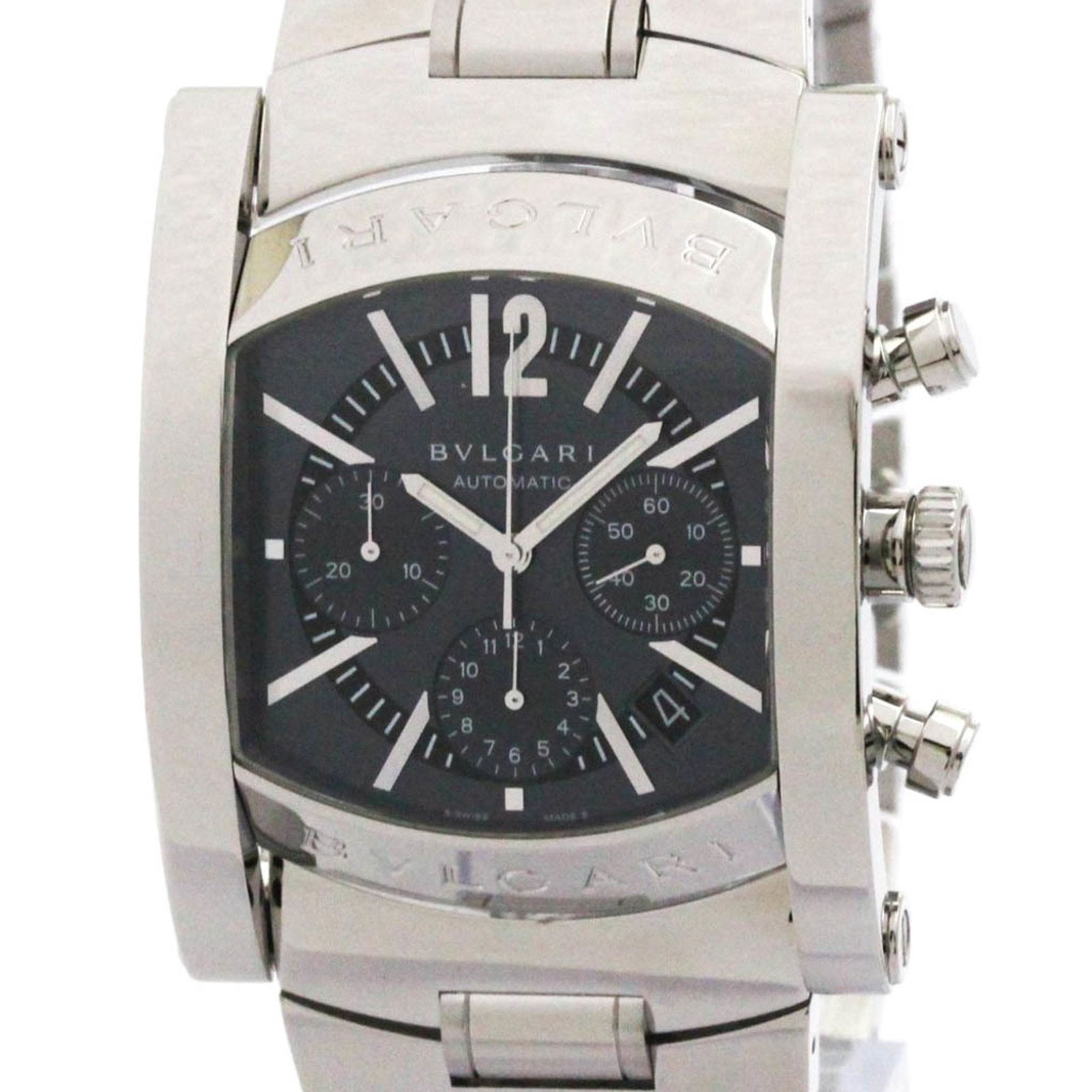 Assioma Steel Men's Wristwatch by Bulgari Swiss Made: Assioma Steel Men's Wristwatch by Bulgari Swiss Made This Bulgari Assioma men's watch features a grey dial and a steel case and bracelet. The timepiece is Swiss-made and has a polished finish. The wat