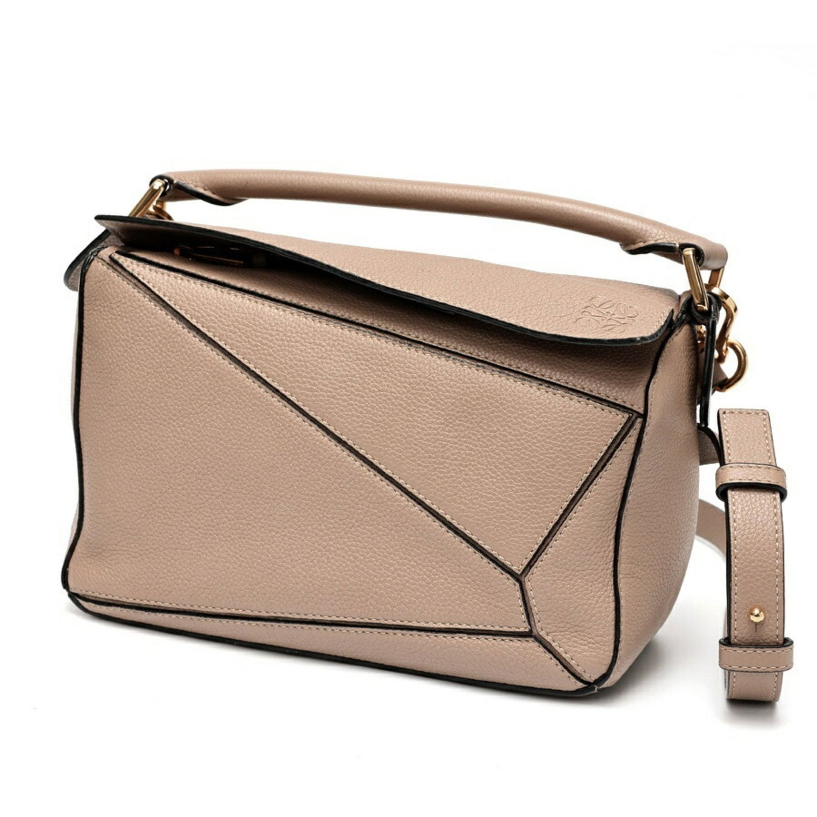 Grey Leather Puzzle Bag by Loewe 24cm: Grey Leather Puzzle Bag by Loewe 24cm This Loewe Puzzle bag features a grey leather exterior, designed for women. The bag has a slightly out-of-shape structure, minor stains in the interior, slightly