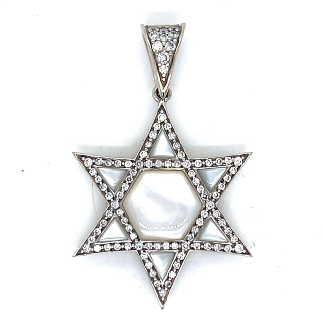 Star of David Pendant in 14K White Gold with Diamonds by Kabana: Star of David Pendant in 14K White Gold with Diamonds by Kabana This pendant features a Star of David design crafted in 14K white gold, set with 0.41 carats of gem quality diamonds. The pendant weighs