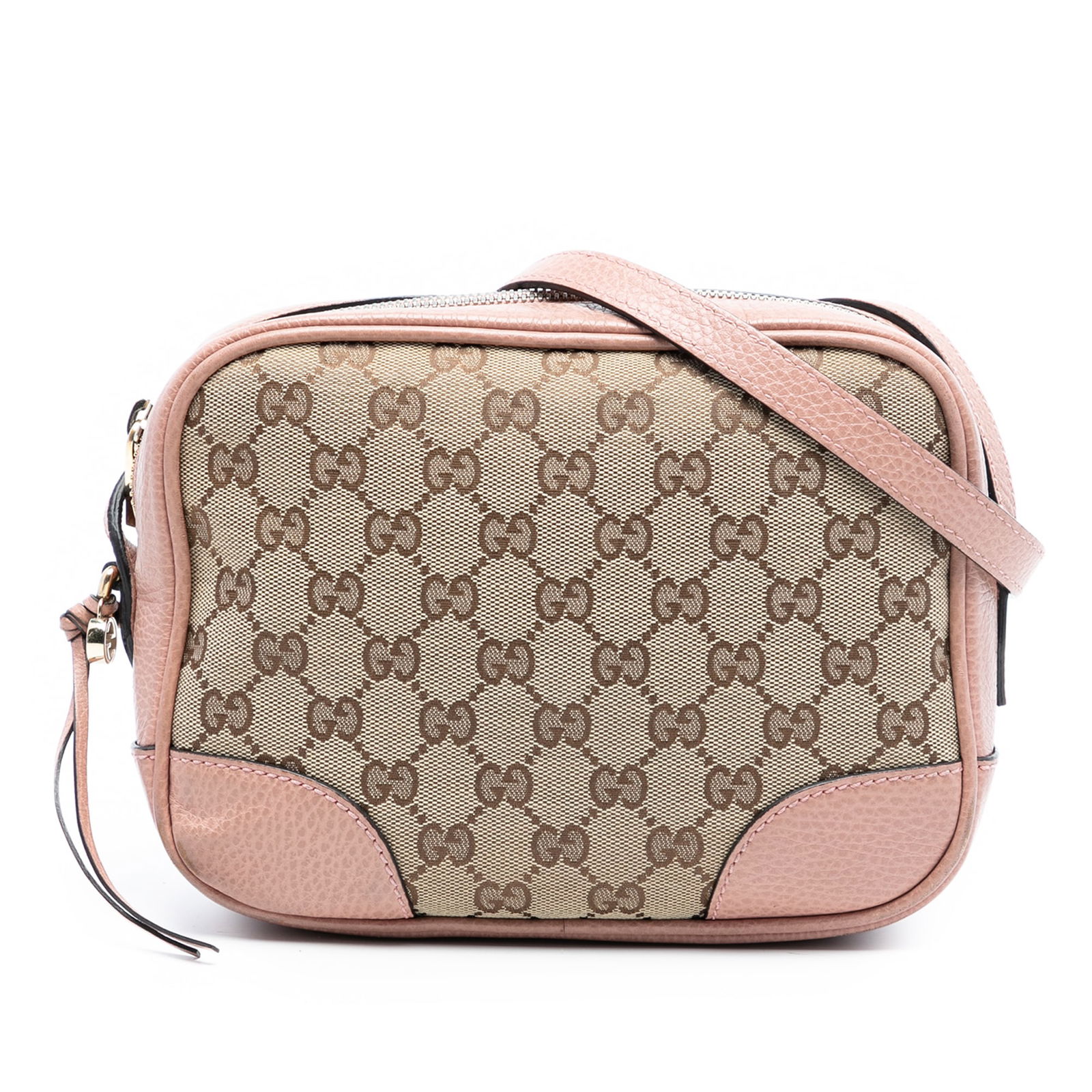 Brown Gucci Bree Crossbody Bag with GG Canvas and Leather Trim: Brown Gucci Bree Crossbody Bag with GG Canvas and Leather Trim This Gucci GG Canvas Bree Crossbody features a fabric canvas body with leather trim, a flat leather shoulder strap, a top zip closure, an