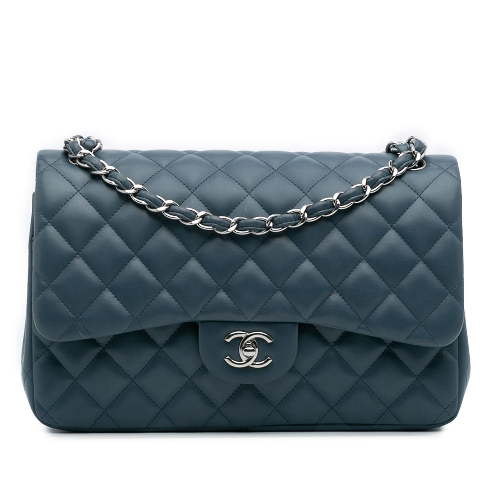 Chanel Jumbo Classic Blue Lambskin Double Flap Shoulder Bag: Chanel Jumbo Classic Blue Lambskin Double Flap Shoulder Bag The Chanel Jumbo Classic Lambskin Double Flap bag is a stunning accessory crafted from quilted lambskin leather in a beautiful blue hue. Thi