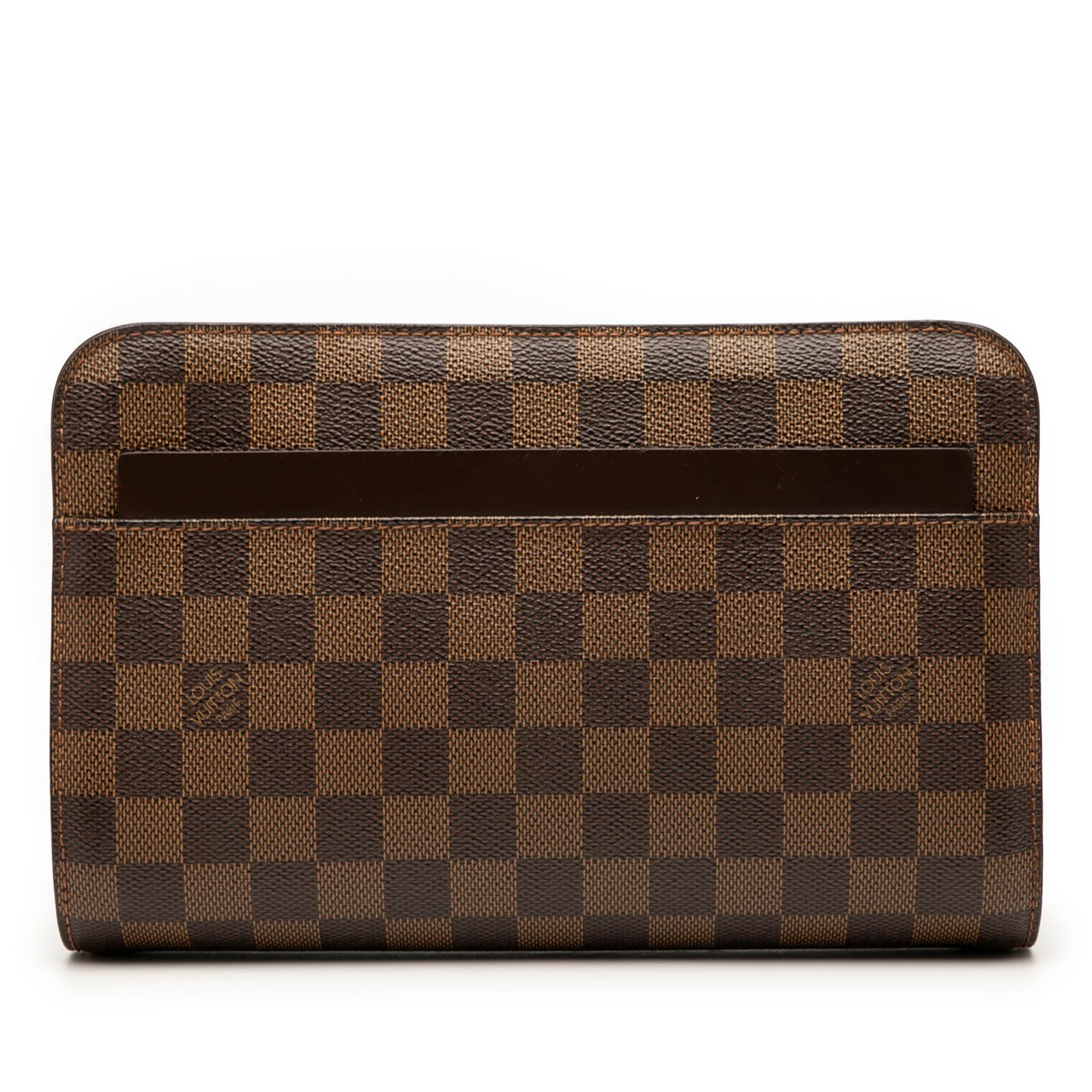 Louis Vuitton Damier Ebene Saint Louis Pochette Brown Canvas Bag: Louis Vuitton Damier Ebene Saint Louis Pochette Brown Canvas Bag This Louis Vuitton Damier Ebene Saint Louis Pochette features a damier canvas body with leather trim, an exterior slip pocket, and an i