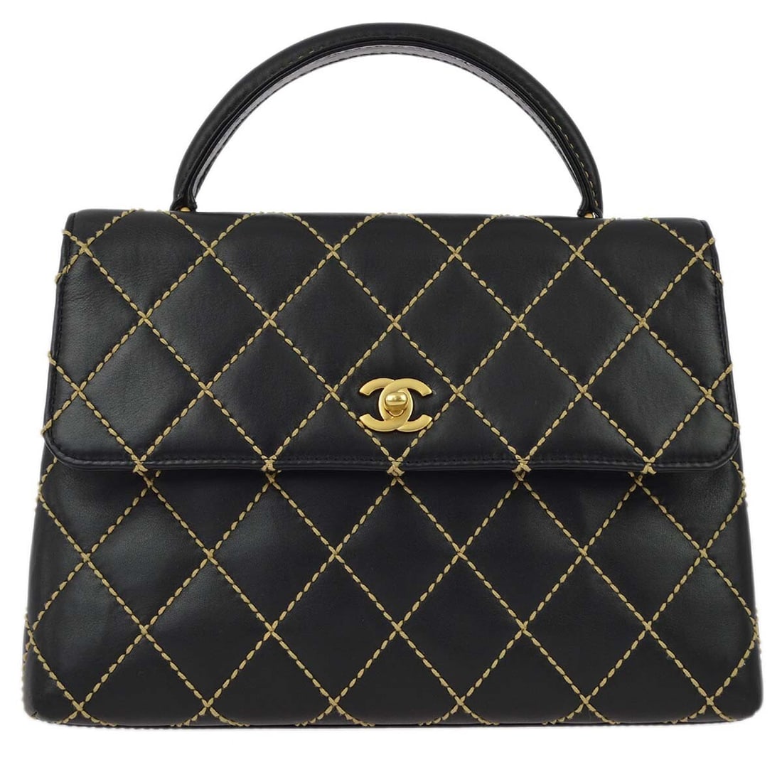 Chanel Black Calfskin Wild Stitch Medium Handbag with Turnlock Closure: Chanel Black Calfskin Wild Stitch Medium Handbag with Turnlock Closure This Chanel Black Calfskin Wild Stitch Handbag is a stylish medium-sized accessory that combines elegance with functionality. It