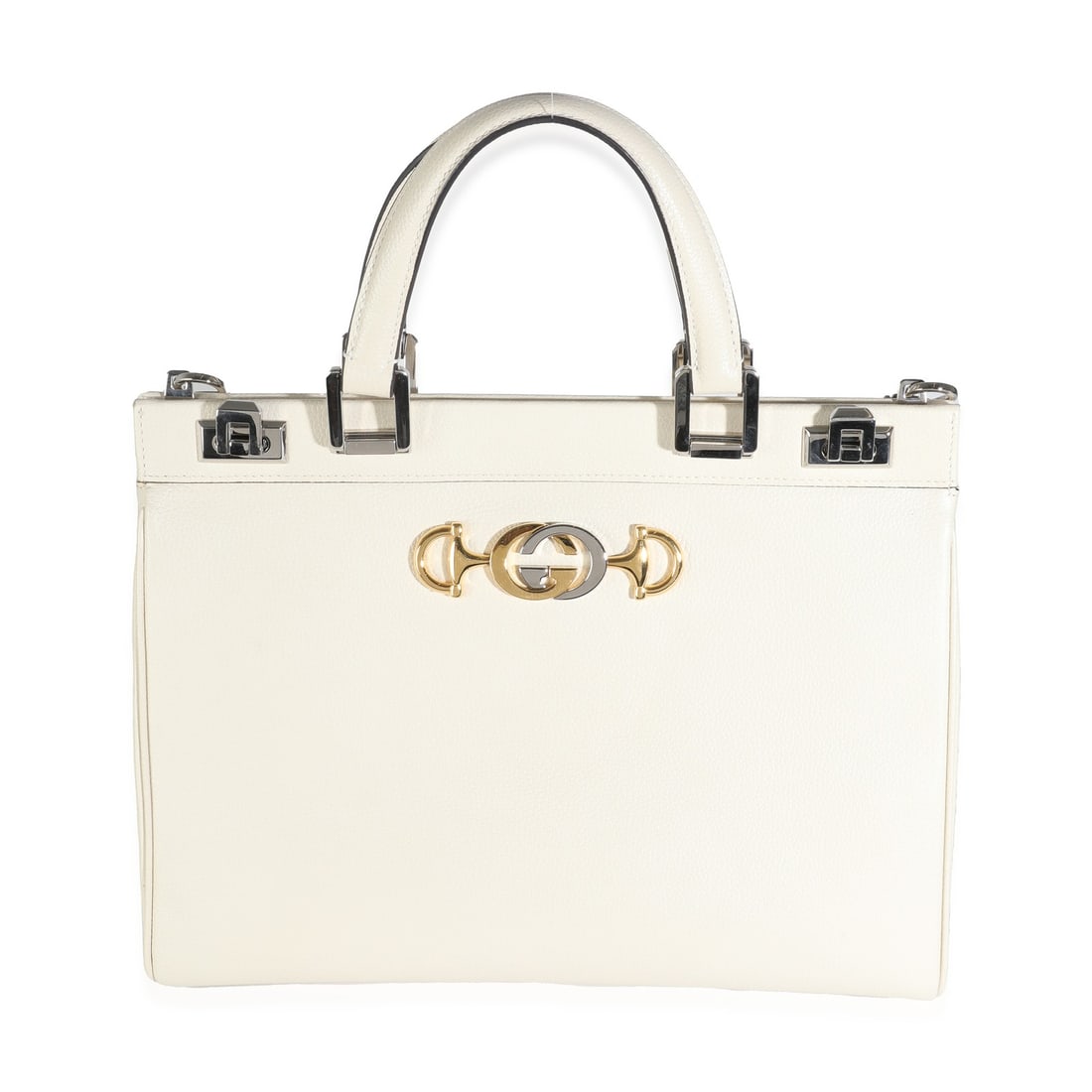 Gucci Medium Zumi Top Handle Bag White Leather with Gold and Silver Hardware: Gucci Medium Zumi Top Handle Bag White Leather with Gold and Silver Hardware Introducing the Gucci Mystic White Grainy Calfskin Medium Zumi Top Handle Bag, a perfect blend of style and functionality.